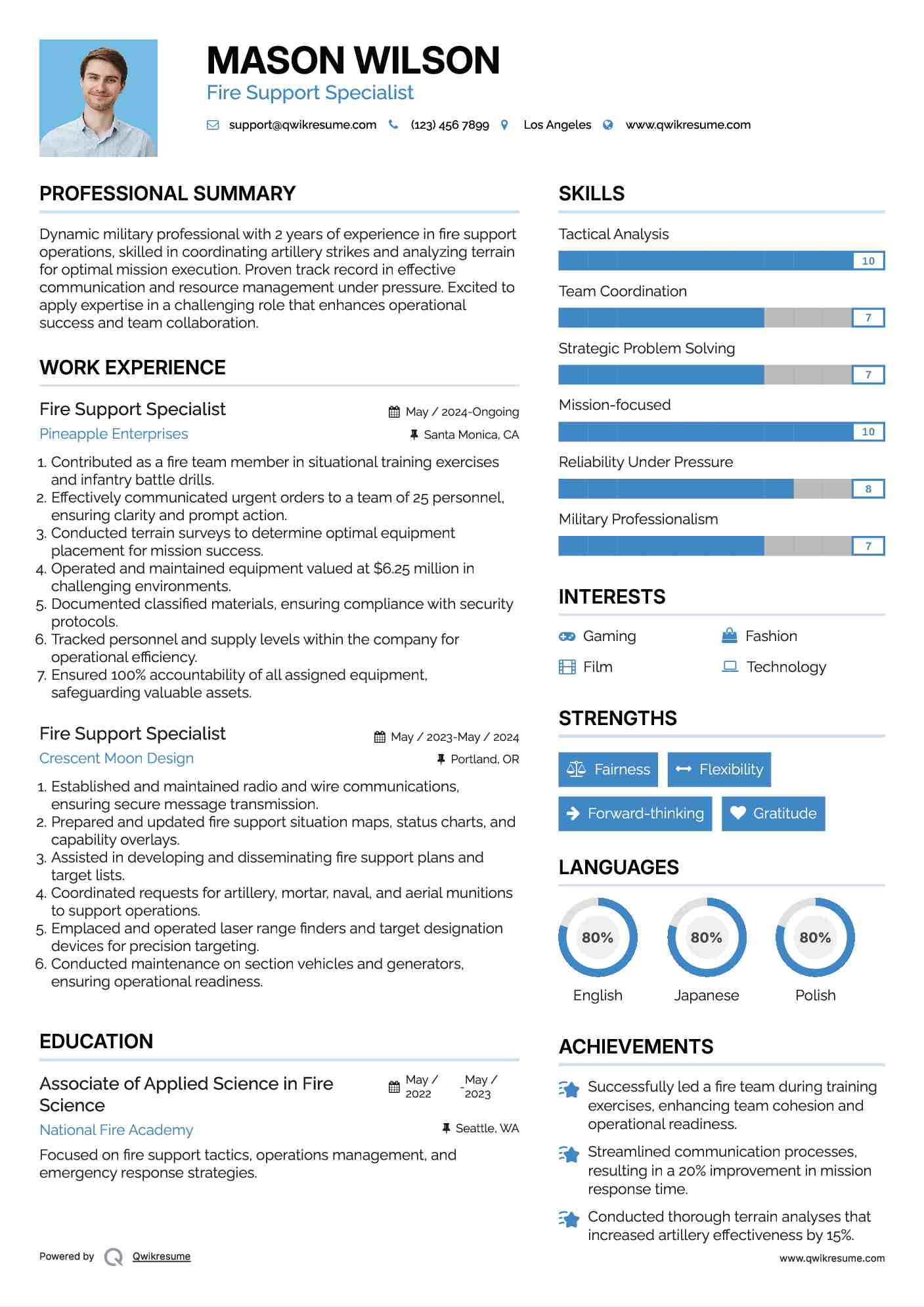 Fire Support Specialist Resume Example