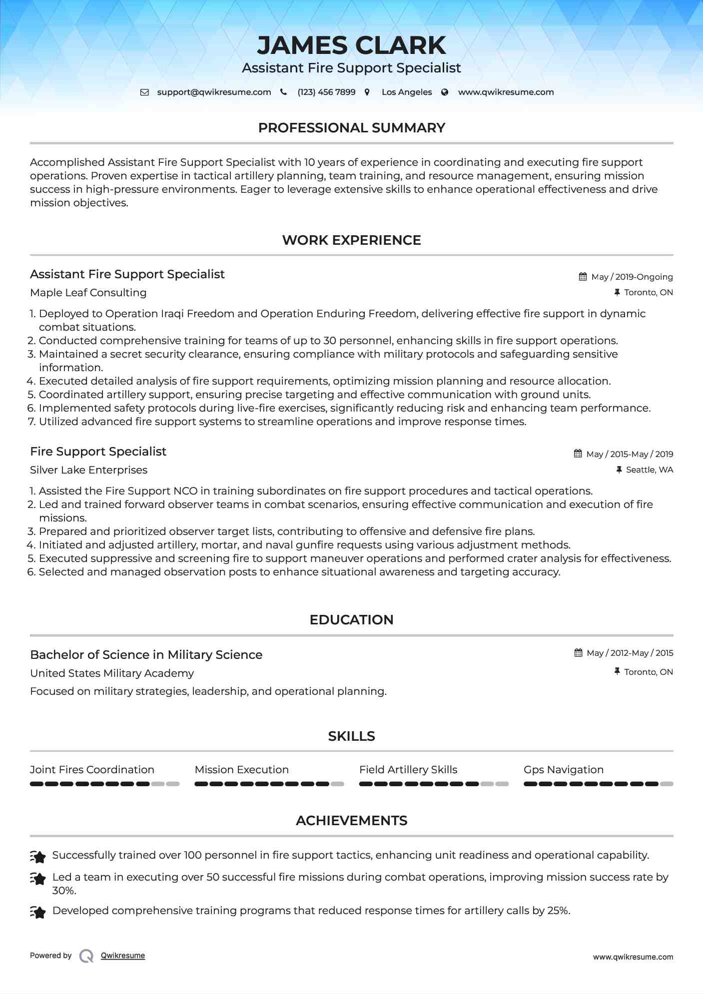 Assistant Fire Support Specialist Resume Template