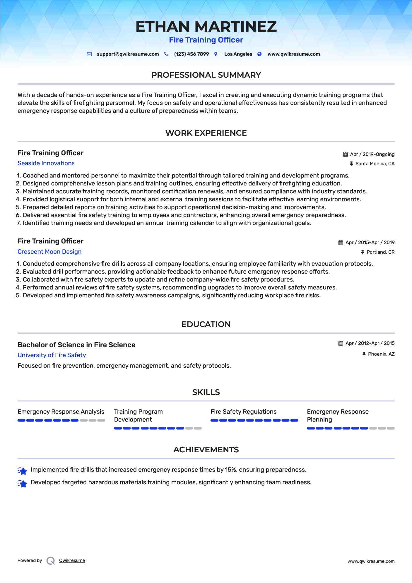 Fire Training Officer Resume Example