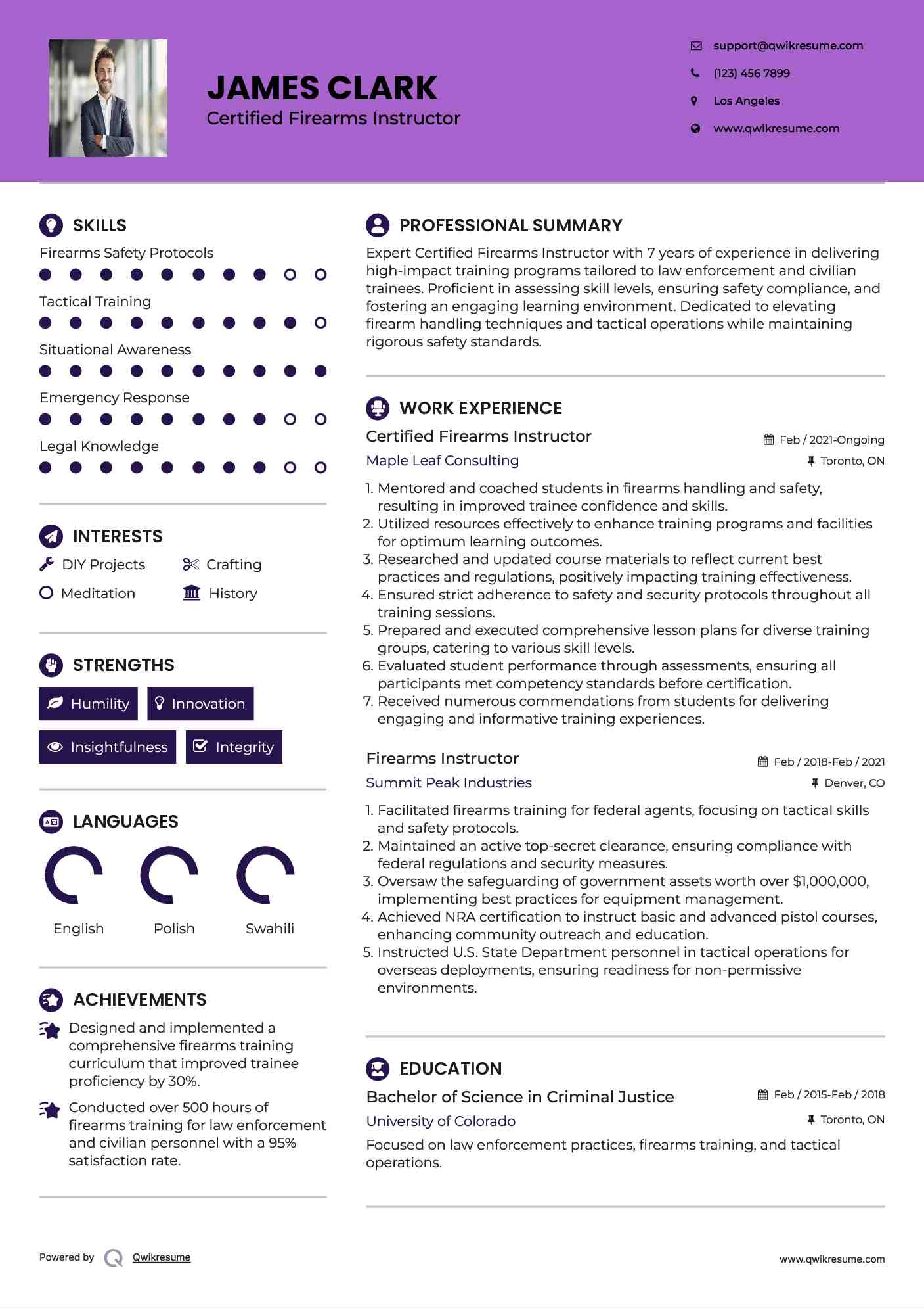 Certified Firearms Instructor Resume Example