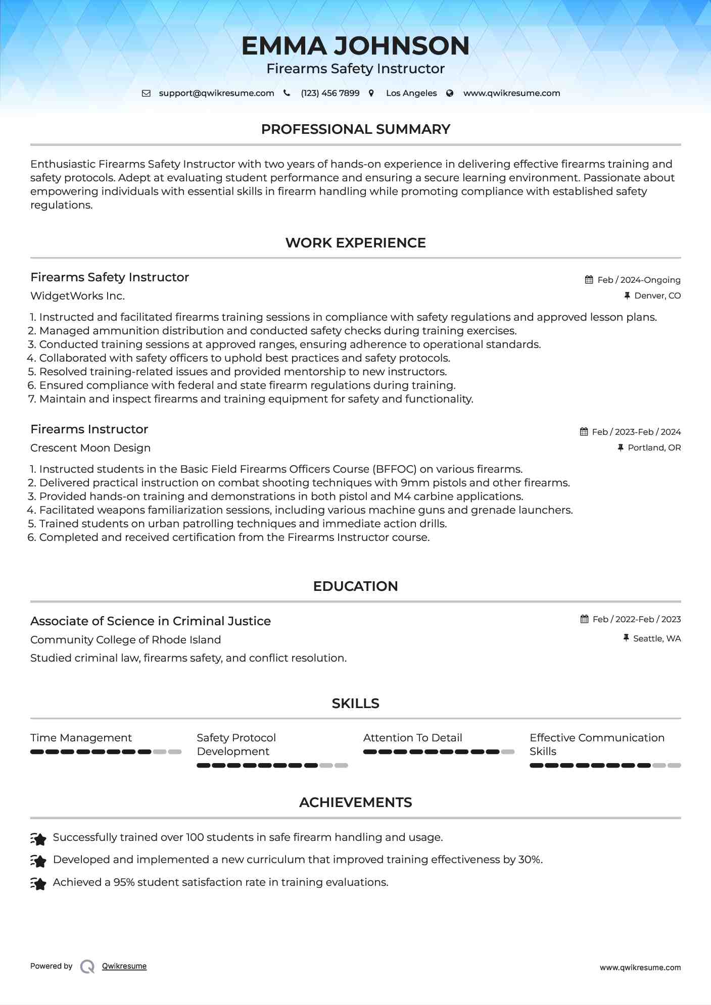 Firearms Safety Instructor Resume Sample