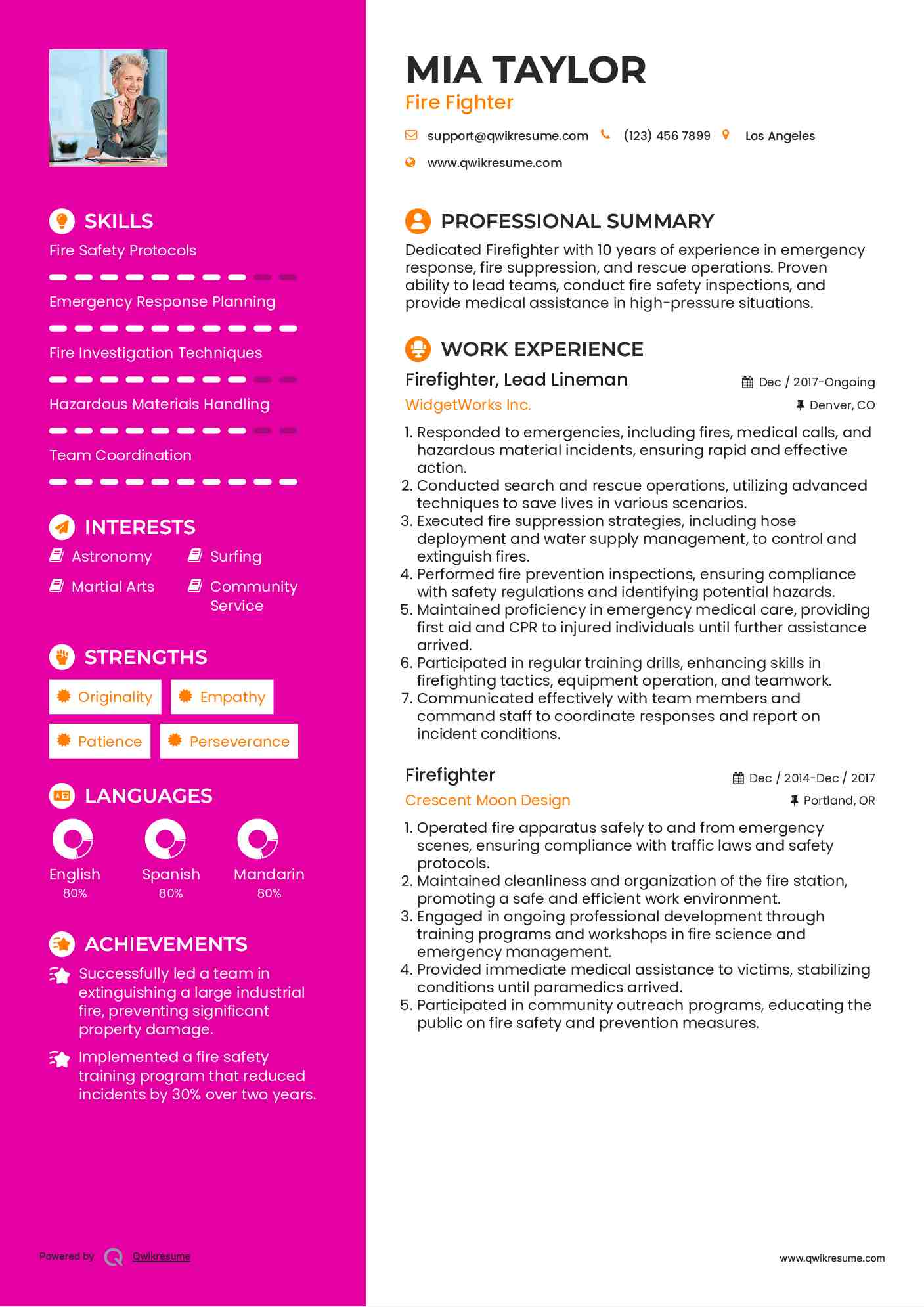 Firefighter, Lead Lineman Resume Example