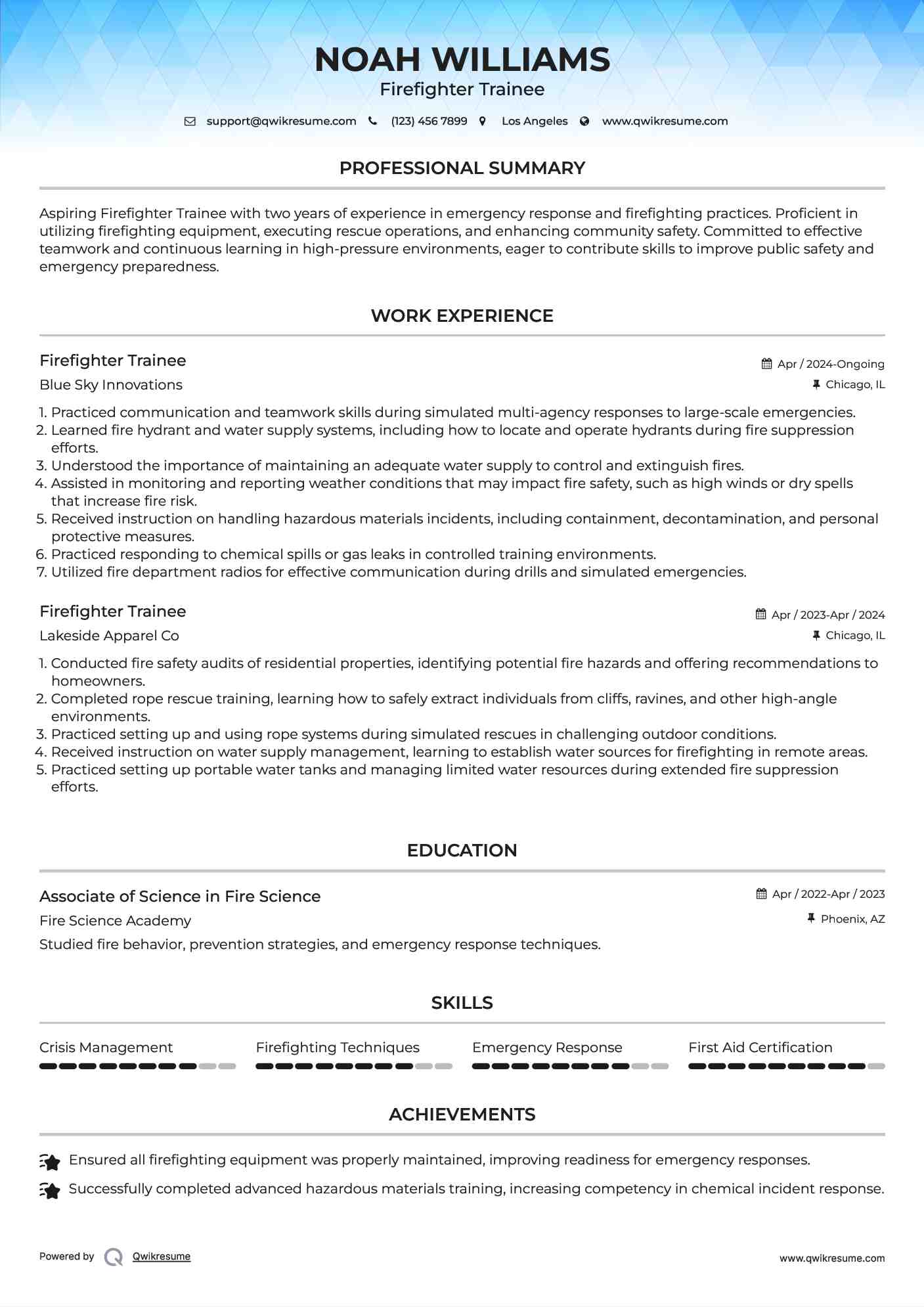 Firefighter Trainee Resume Template