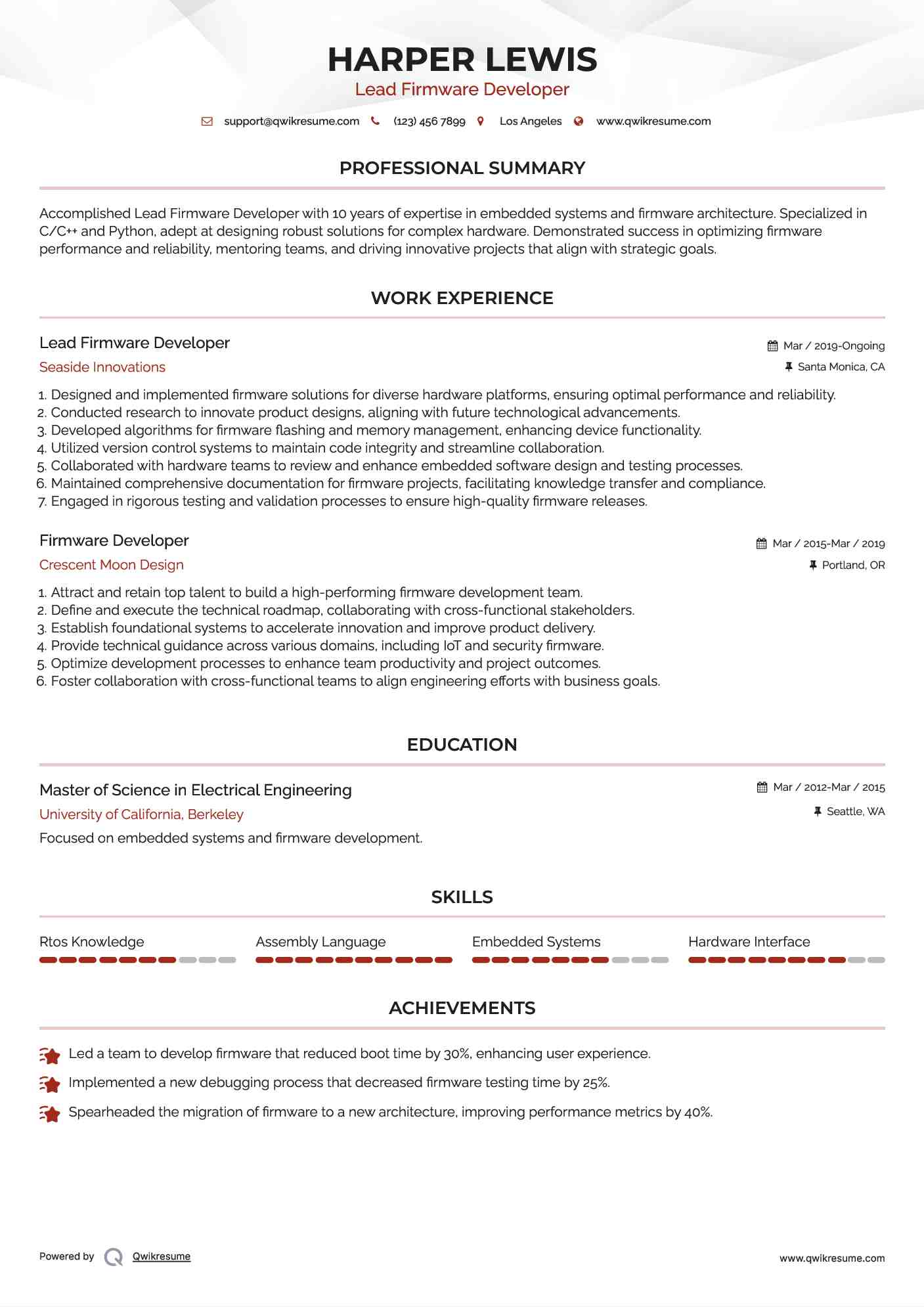 Lead Firmware Developer Resume Example