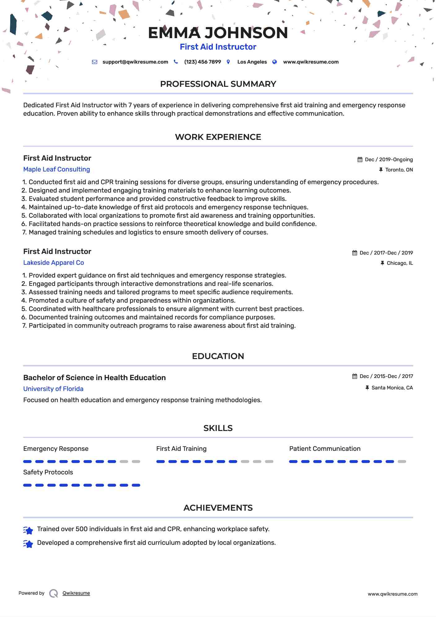 First Aid Instructor Resume Example