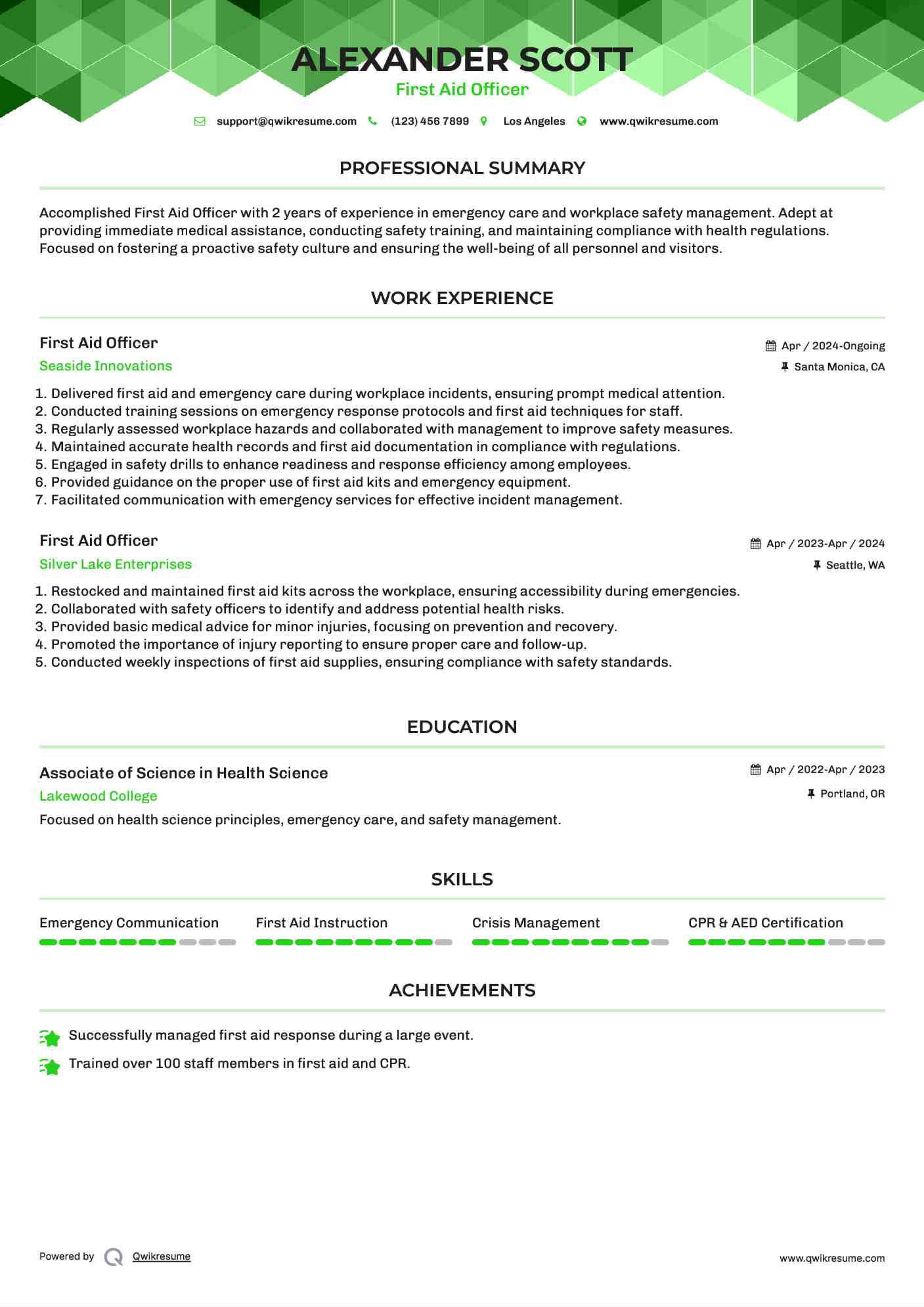 First Aid Officer Resume Sample
