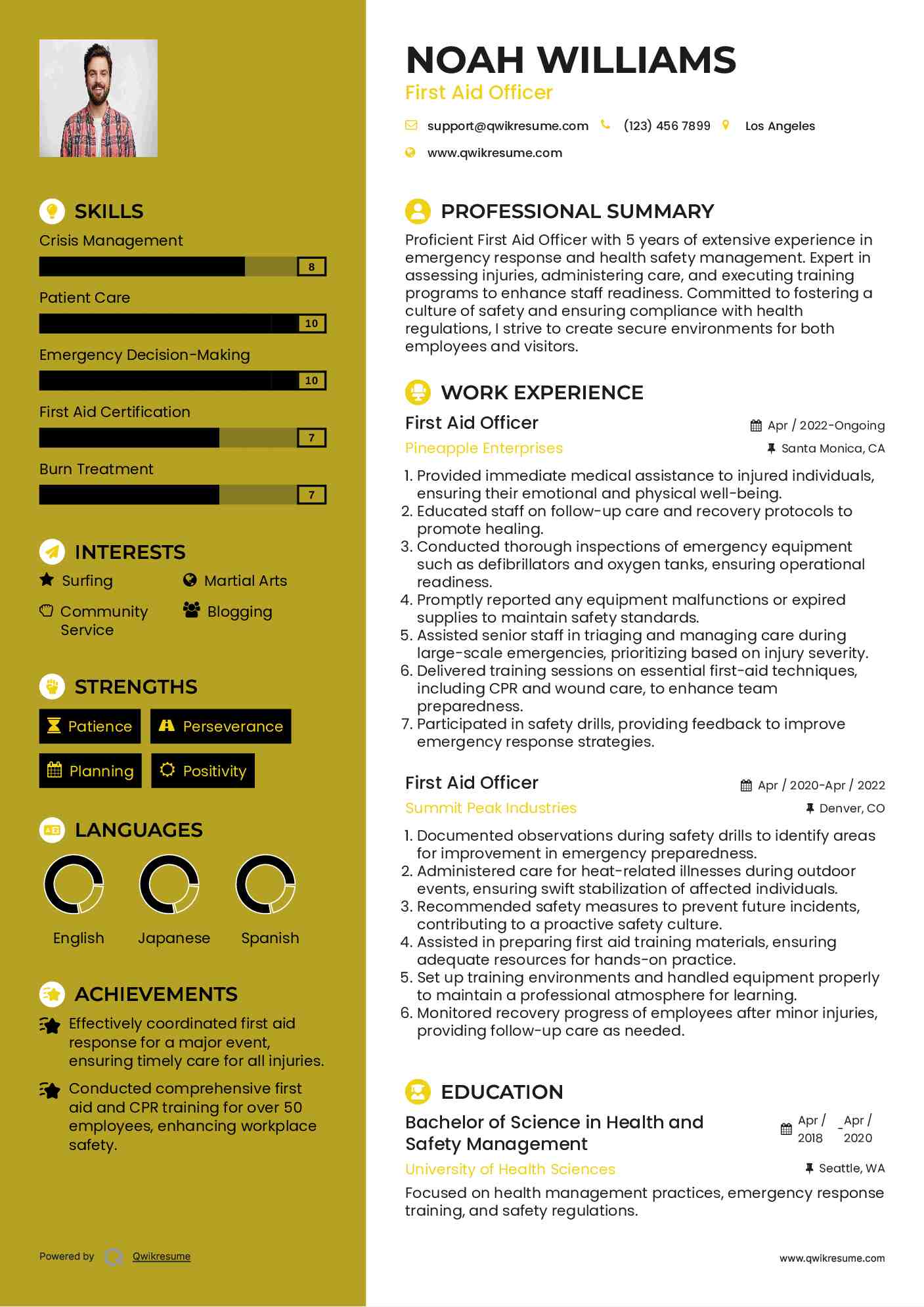 First Aid Officer Resume Sample