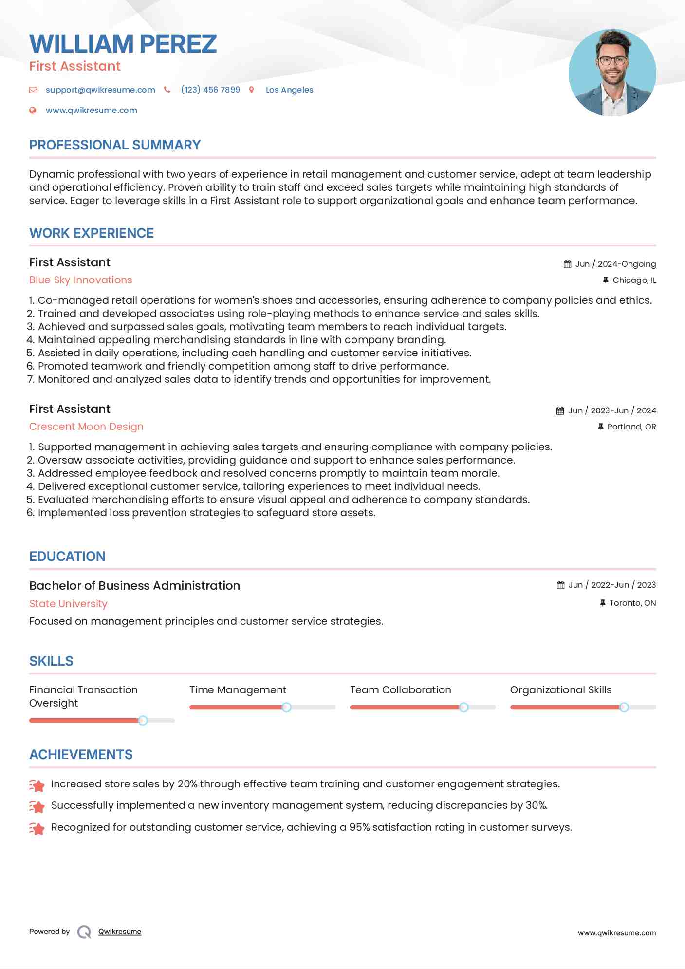 First Assistant Resume Format