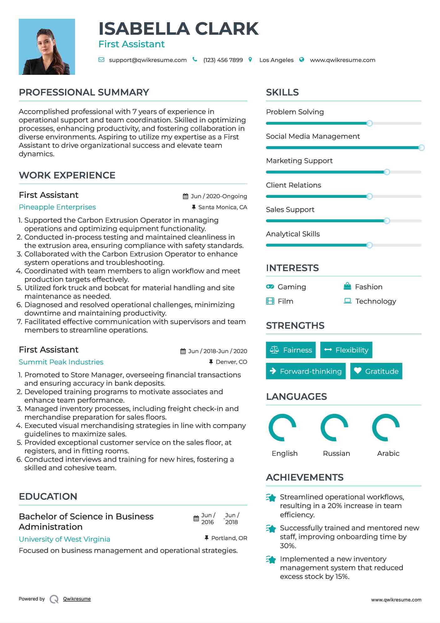 First Assistant Resume Format