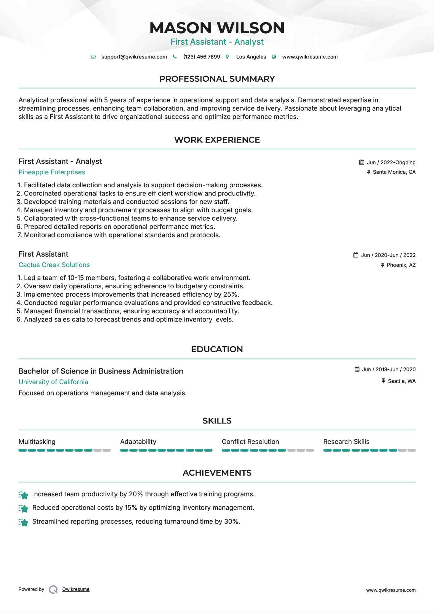 First Assistant - Analyst Resume Sample