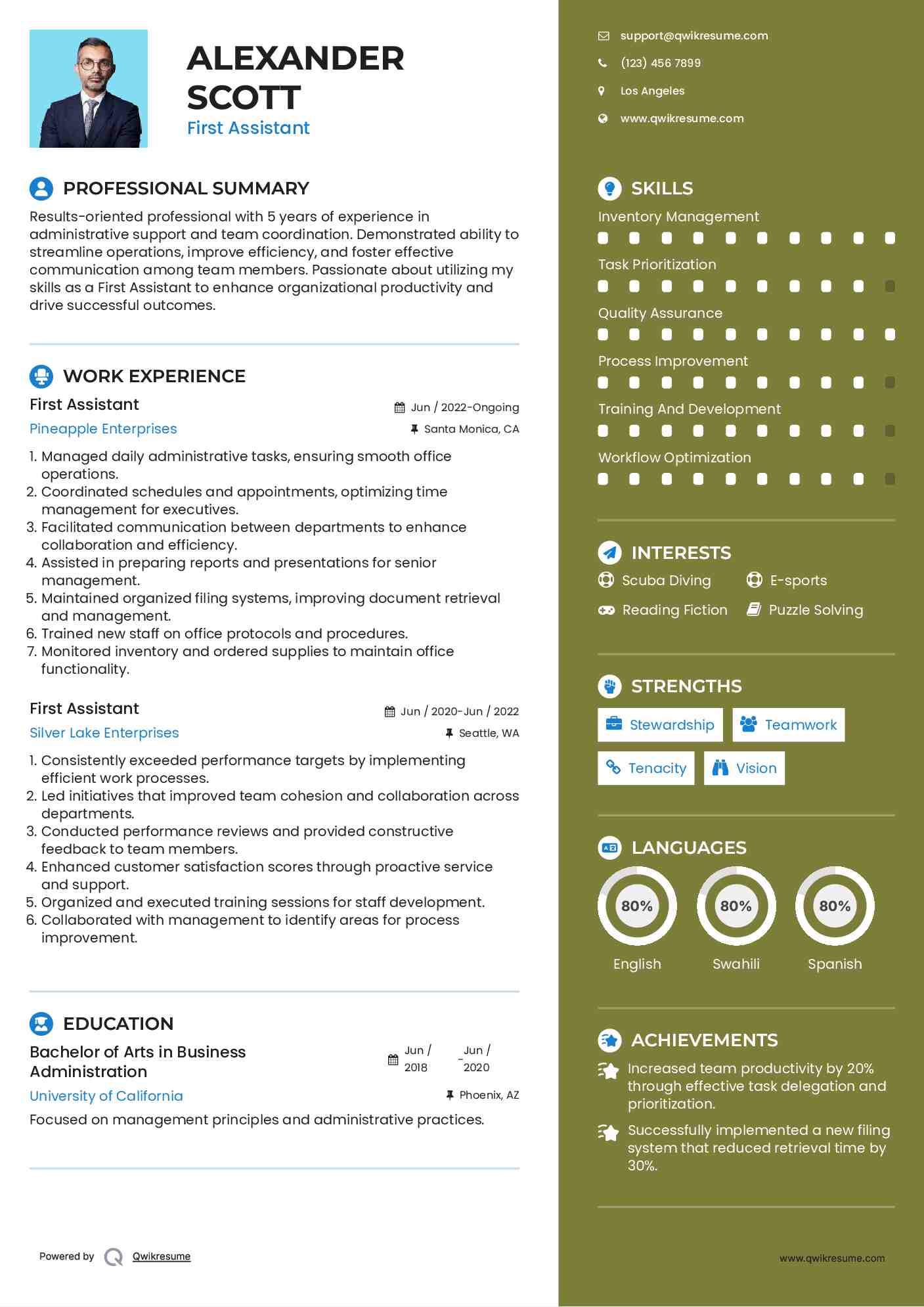 First Assistant Resume Template