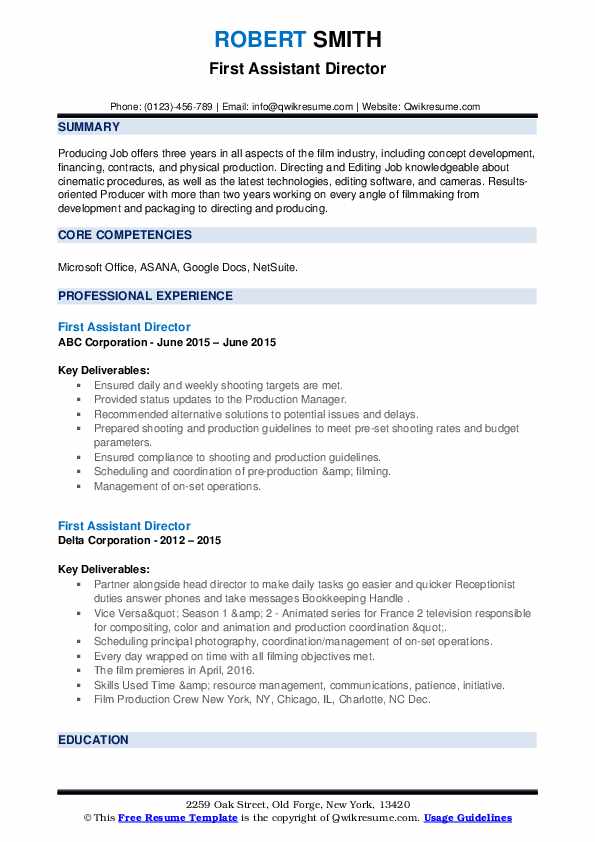 First Assistant Director Resume Samples QwikResume