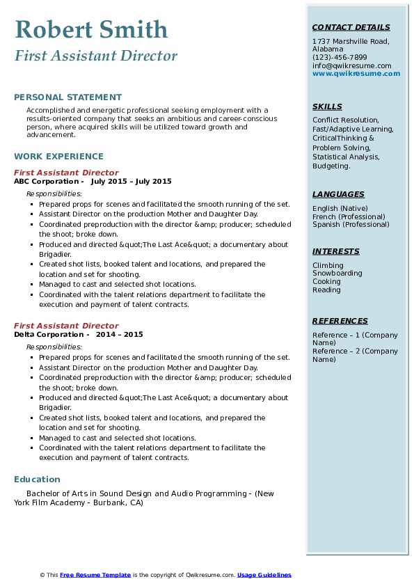 First Assistant Director Resume - First Assistant Director 1633112606 Pdf 