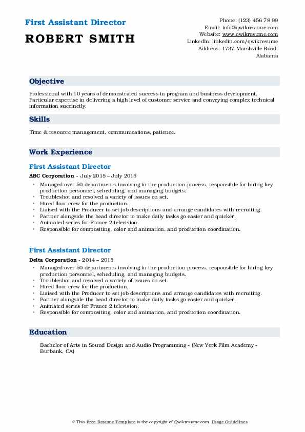 First Assistant Director Resume - First Assistant Director 1633112642 Pdf 