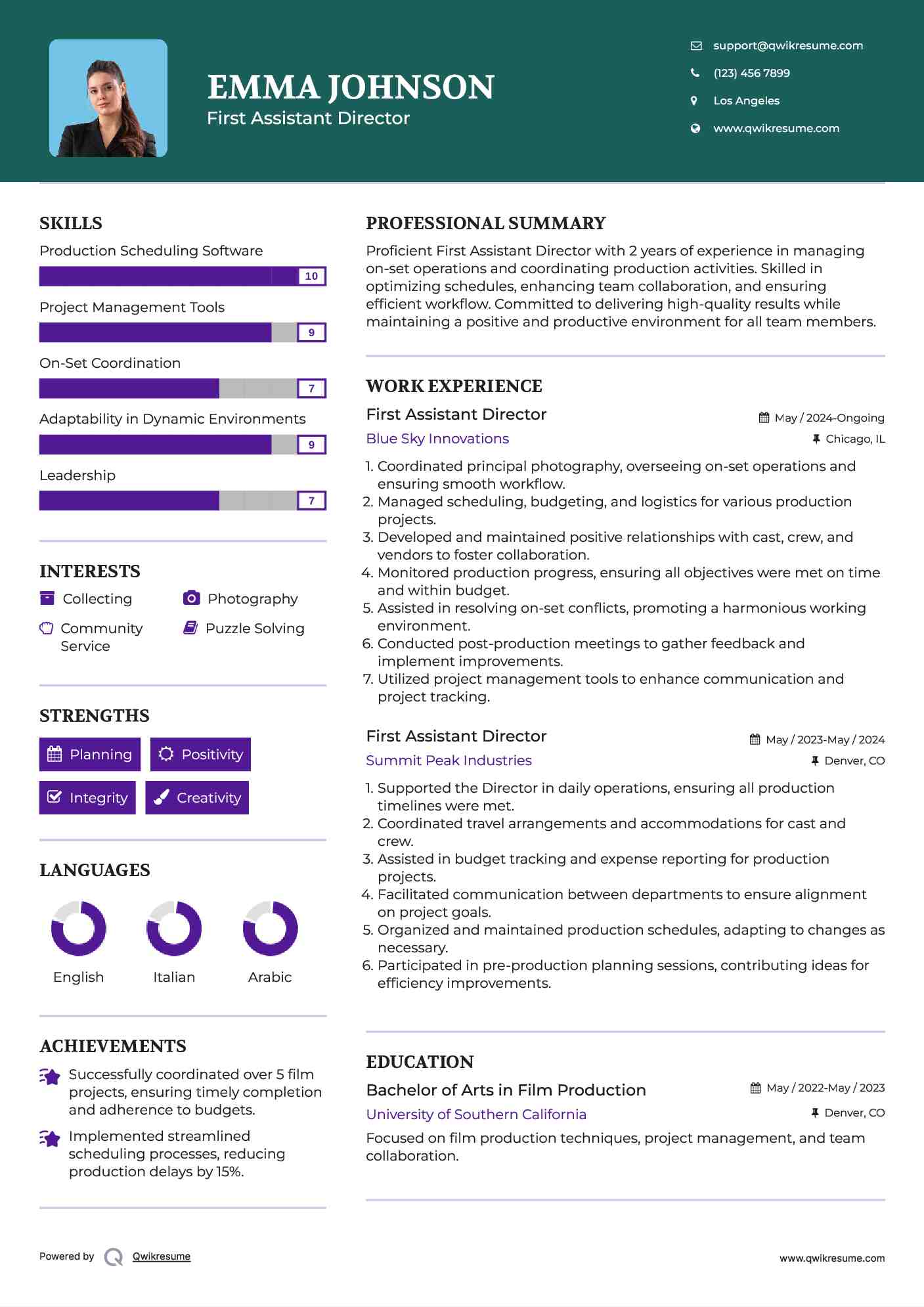 First Assistant Director Resume Model