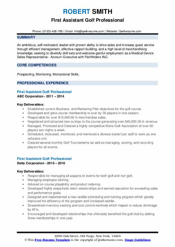 First Assistant Golf Professional Resume Samples QwikResume