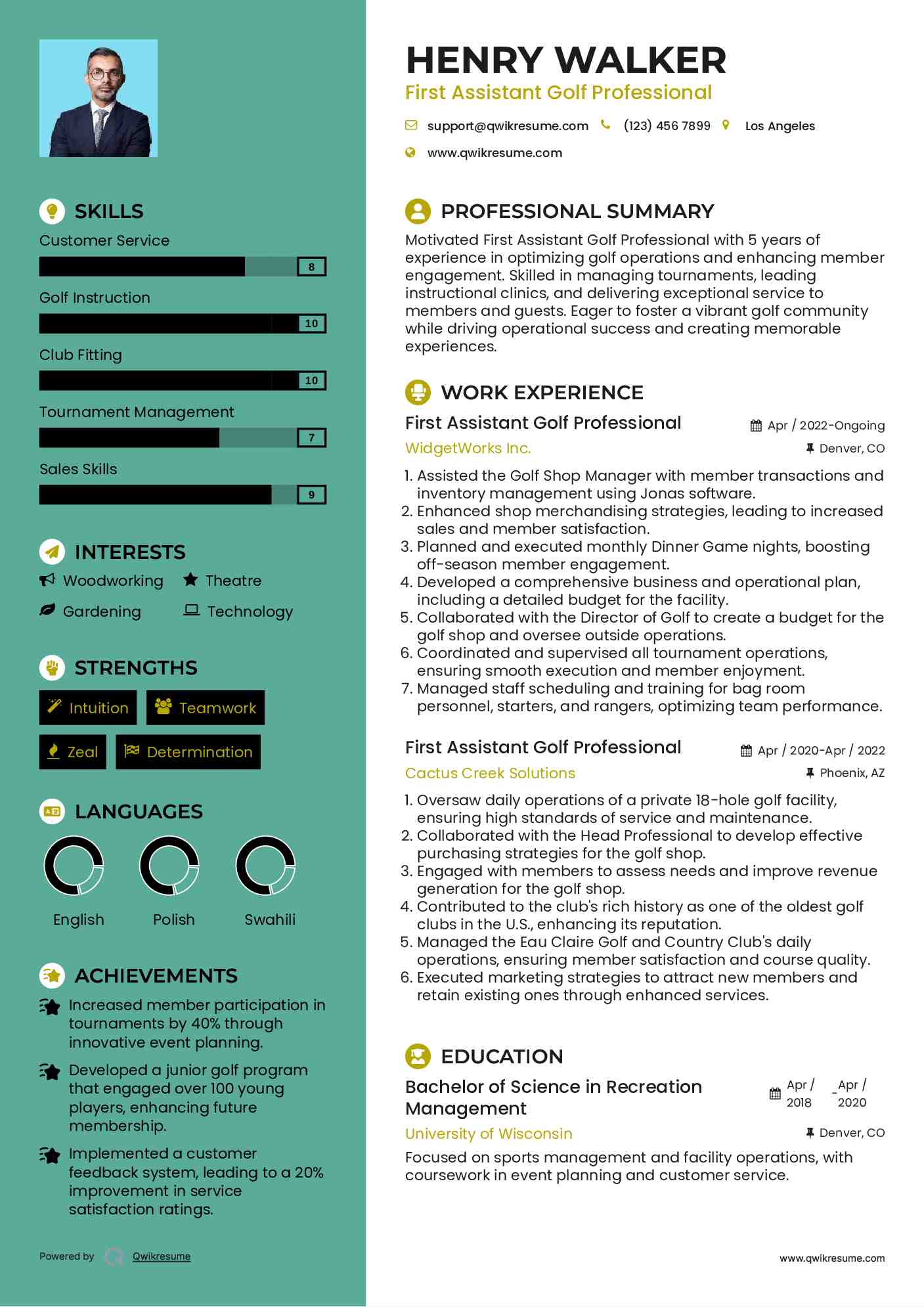 First Assistant Golf Professional Resume Format