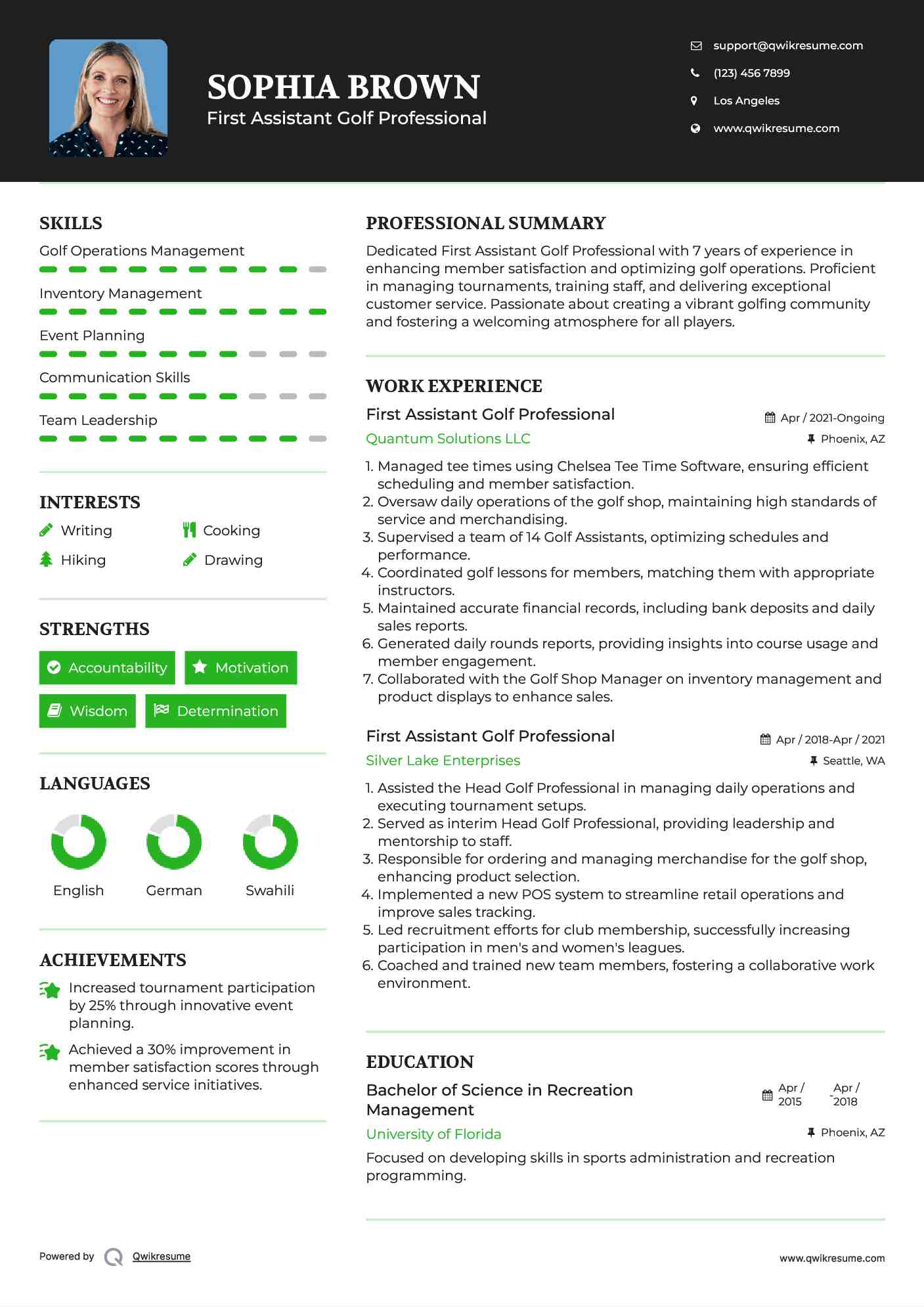 First Assistant Golf Professional Resume Sample