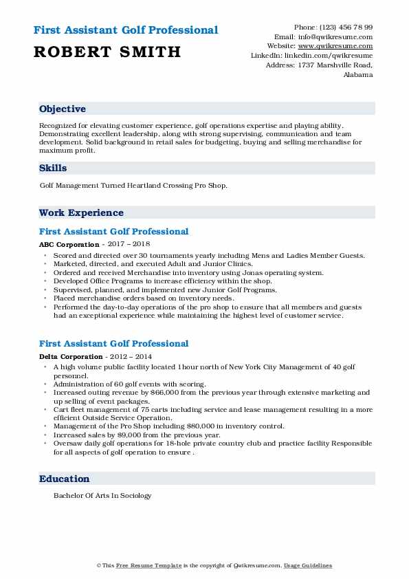 First Assistant Golf Professional Resume Samples QwikResume