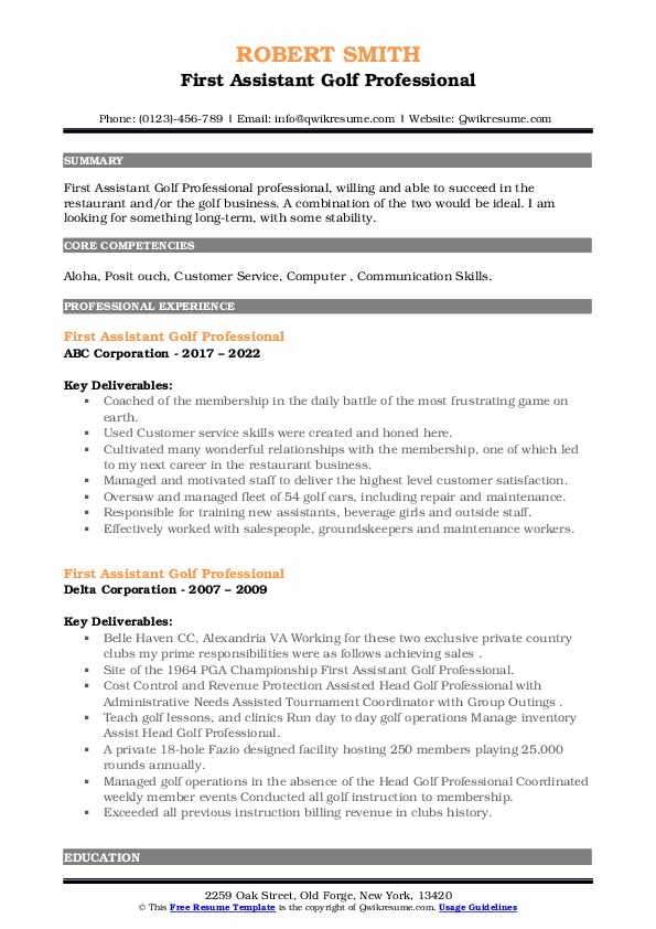 First Assistant Golf Professional Resume Samples QwikResume