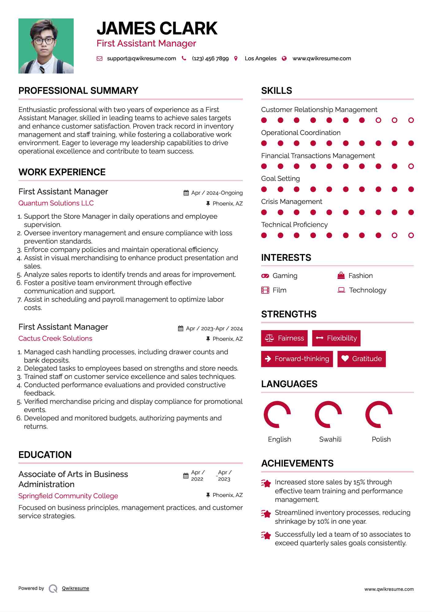 First Assistant Manager Resume Sample
