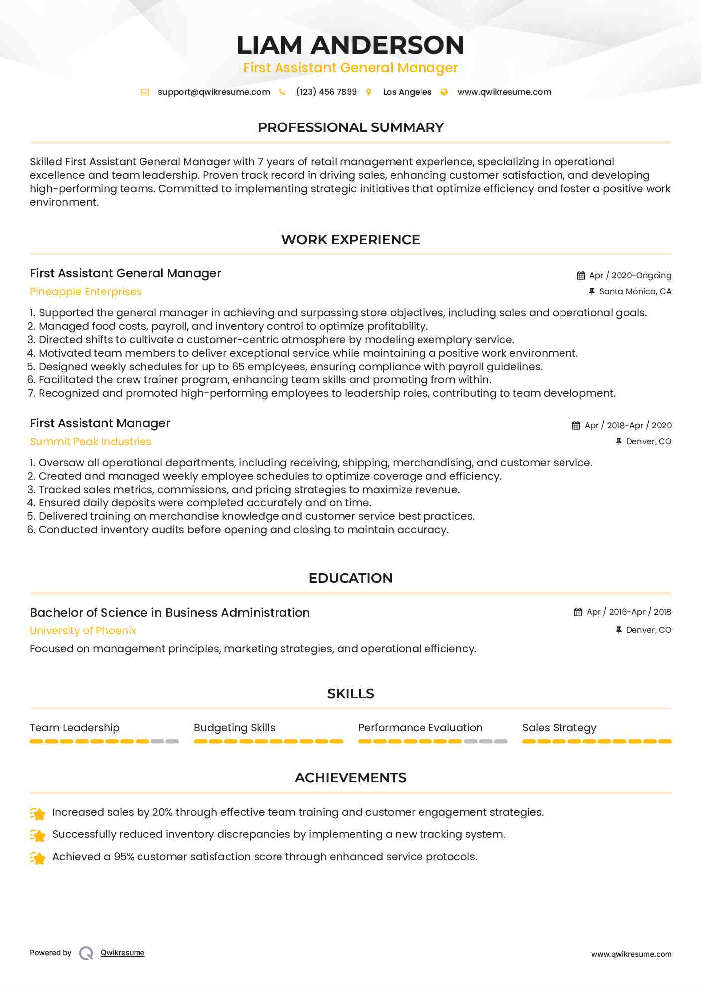 First Assistant General Manager Resume Format