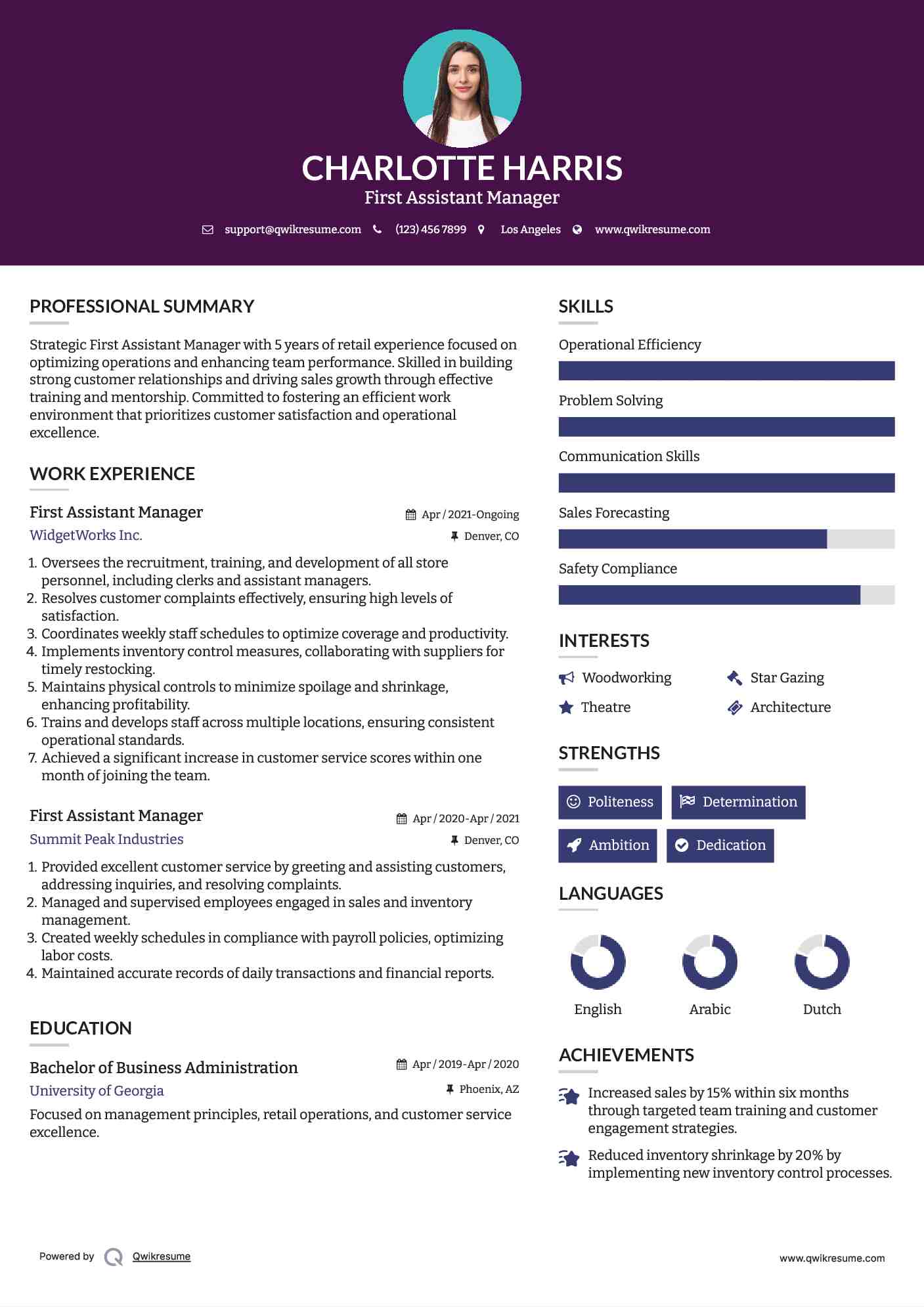 First Assistant Manager Resume Example