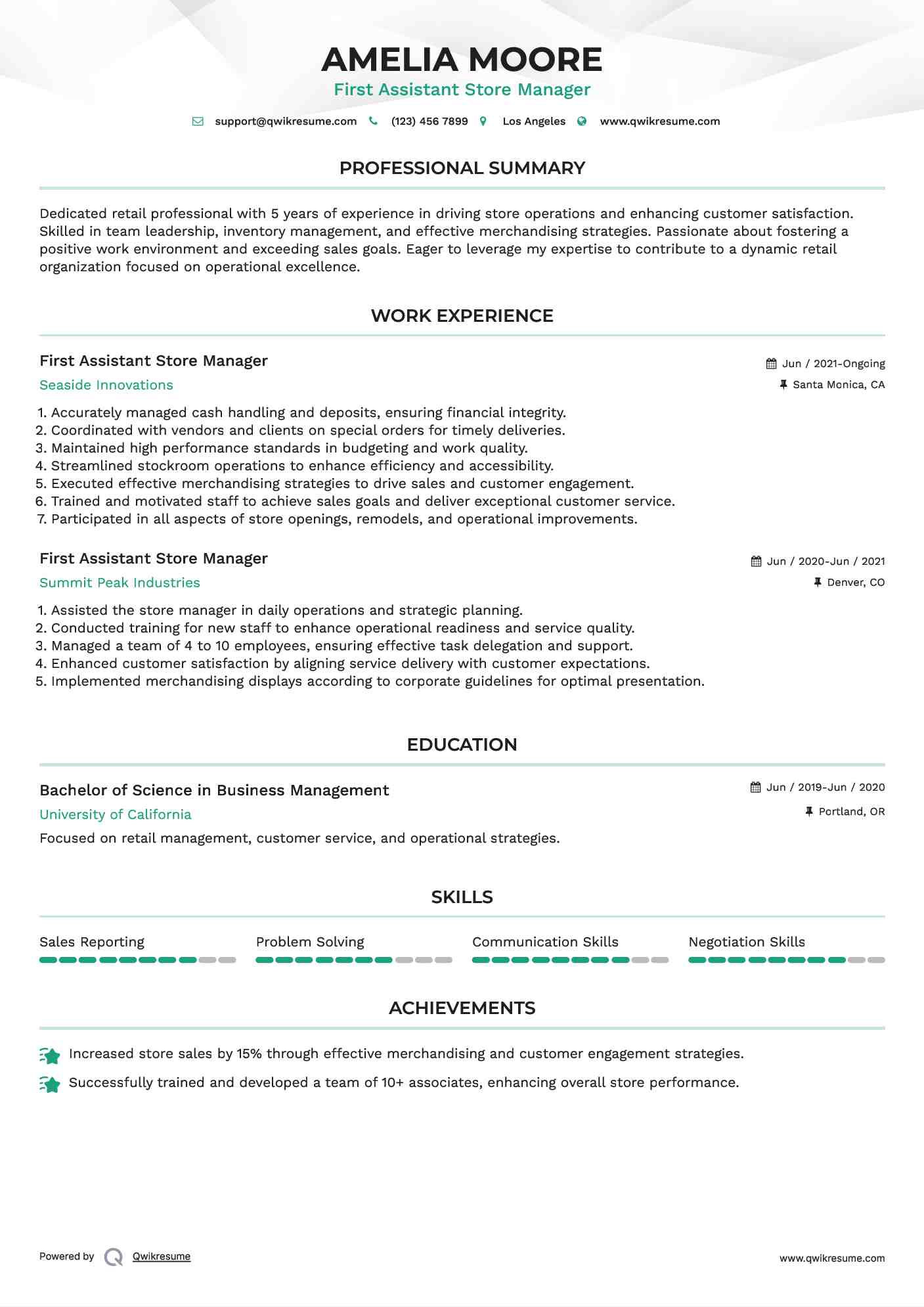 First Assistant Store Manager Resume Example