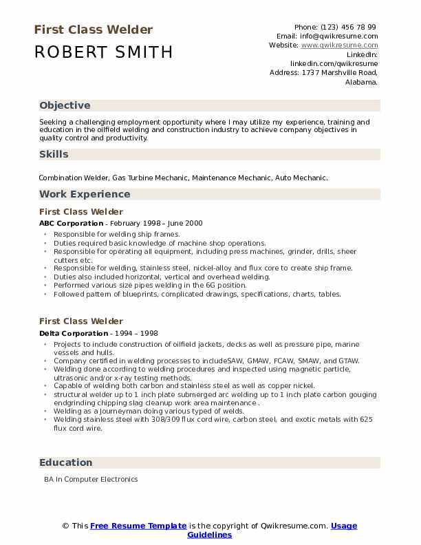 First Class Welder Resume Samples QwikResume