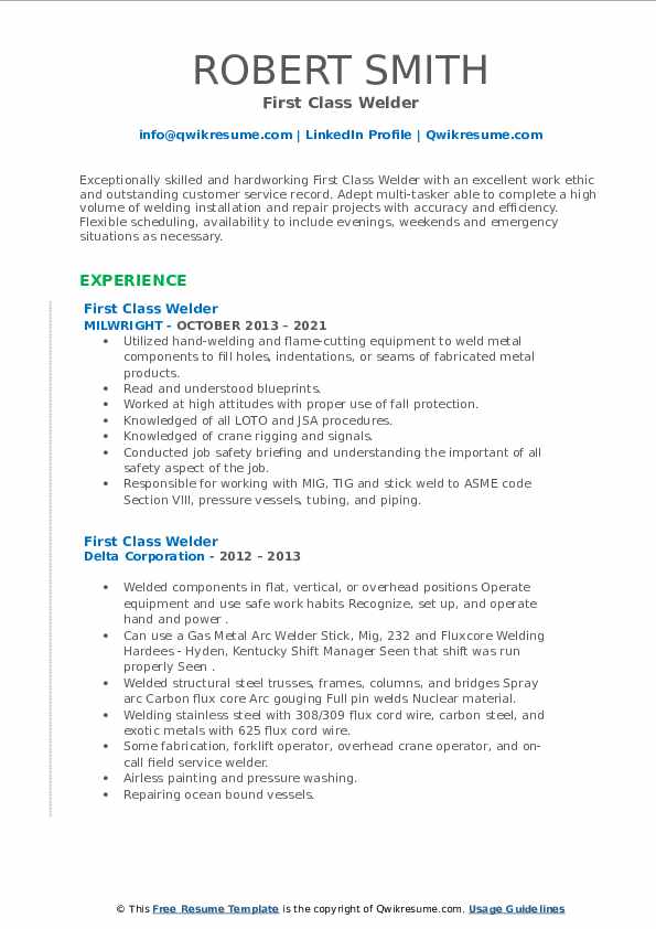 First Class Welder Resume Samples QwikResume