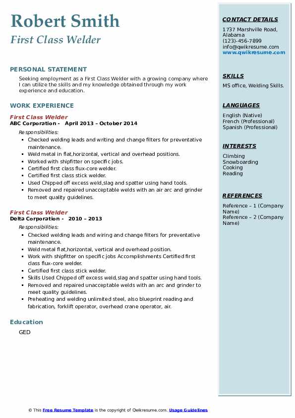 First Class Welder Resume Samples QwikResume