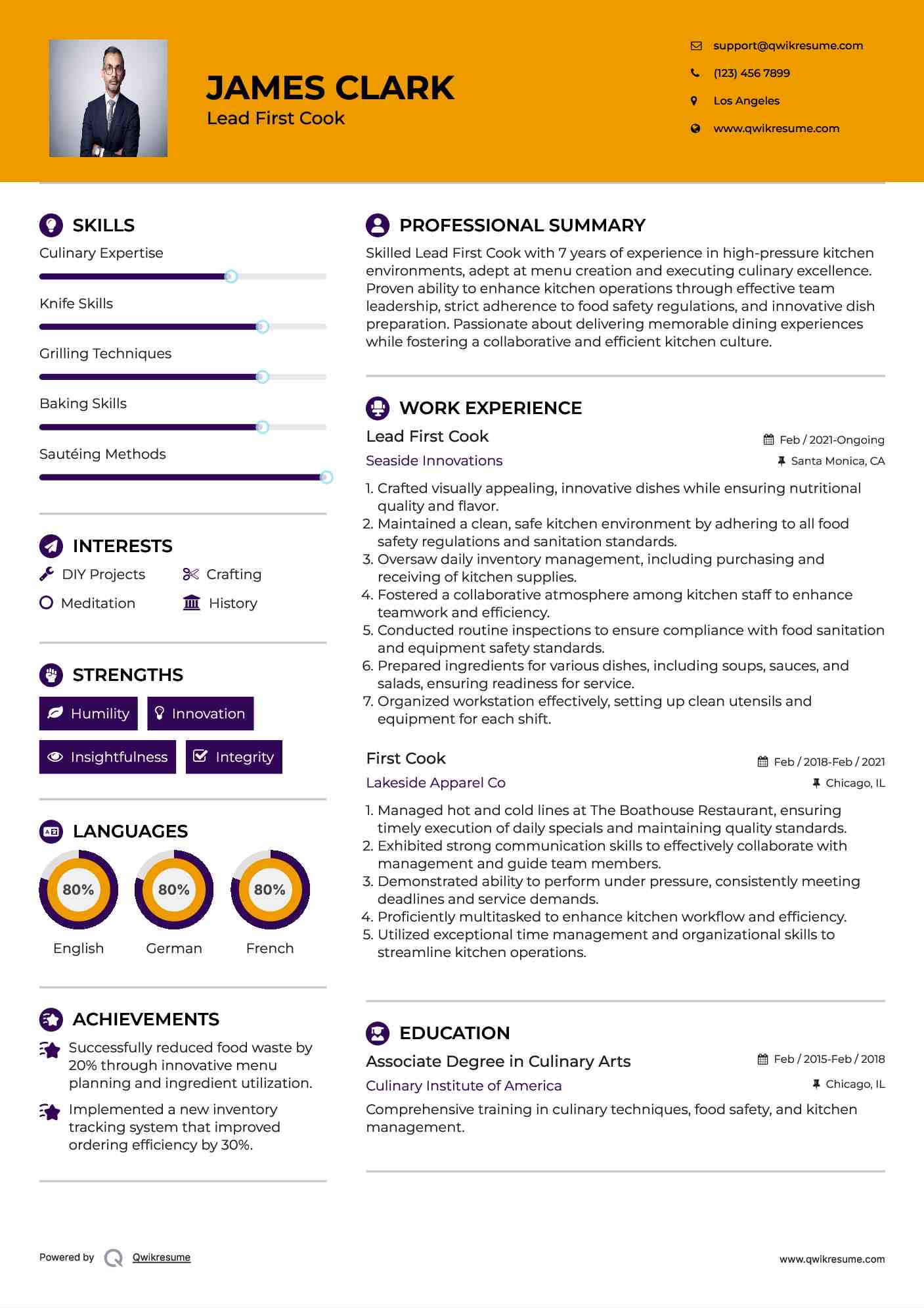 Lead First Cook Resume Example