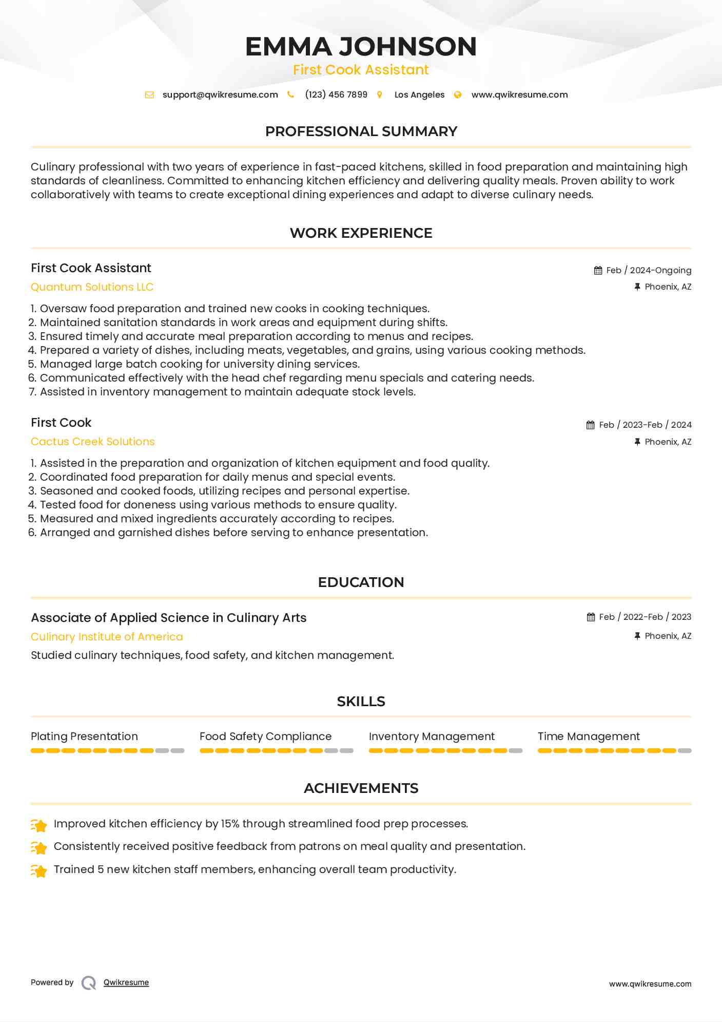 First Cook Resume Samples QwikResume
