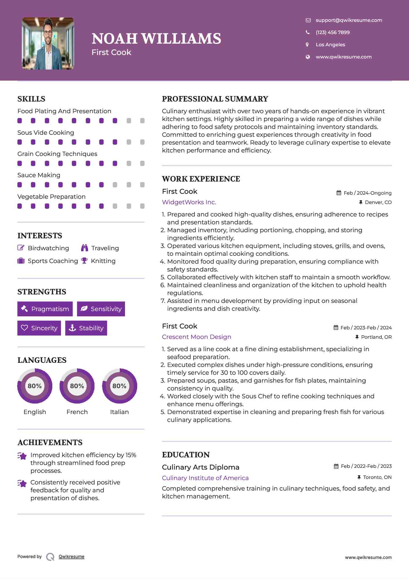 First Cook Resume Samples QwikResume