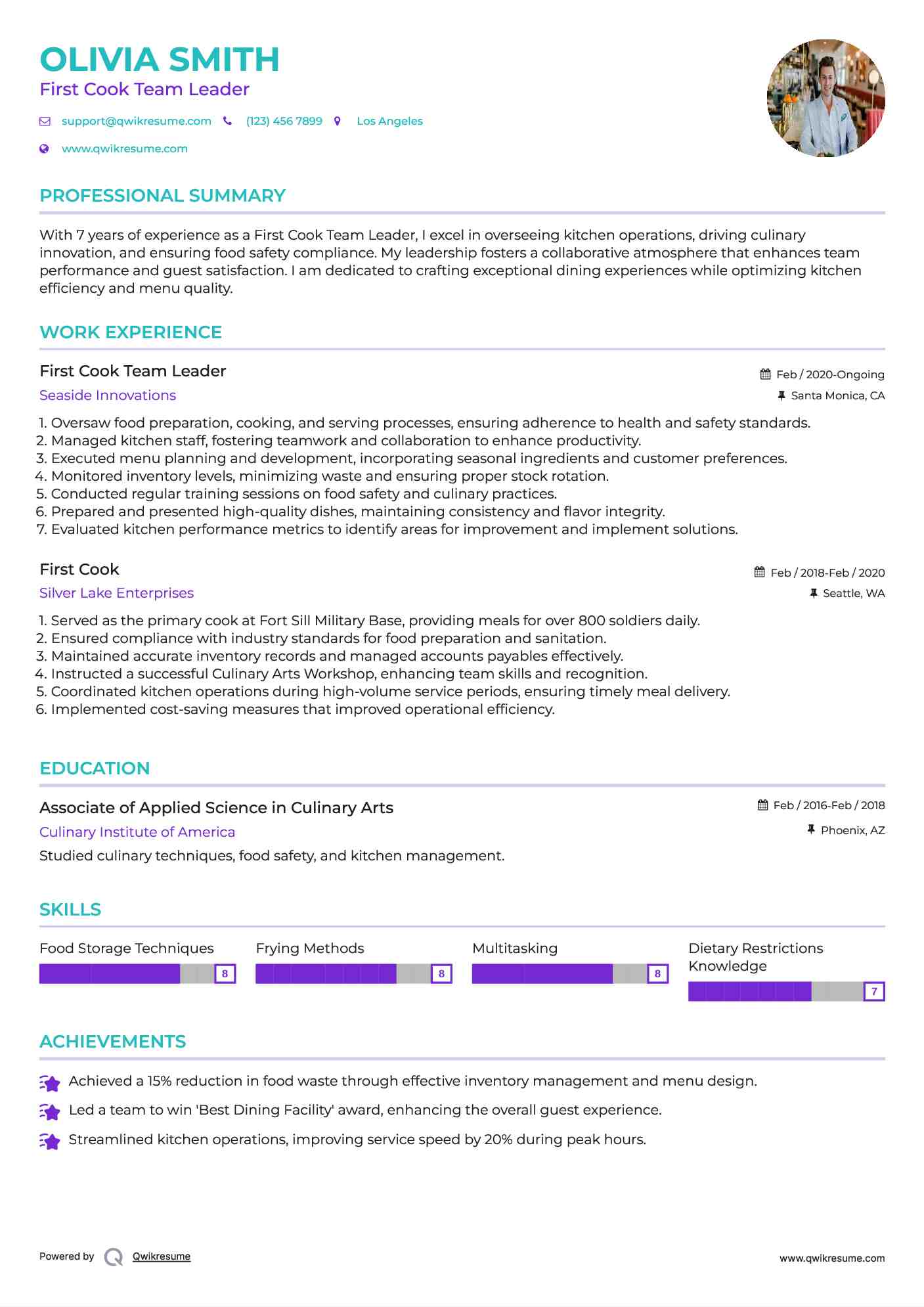 First Cook Team Leader Resume Model