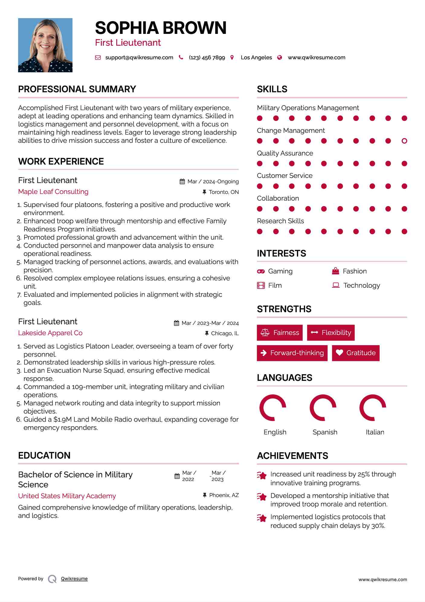 First Lieutenant Resume Example
