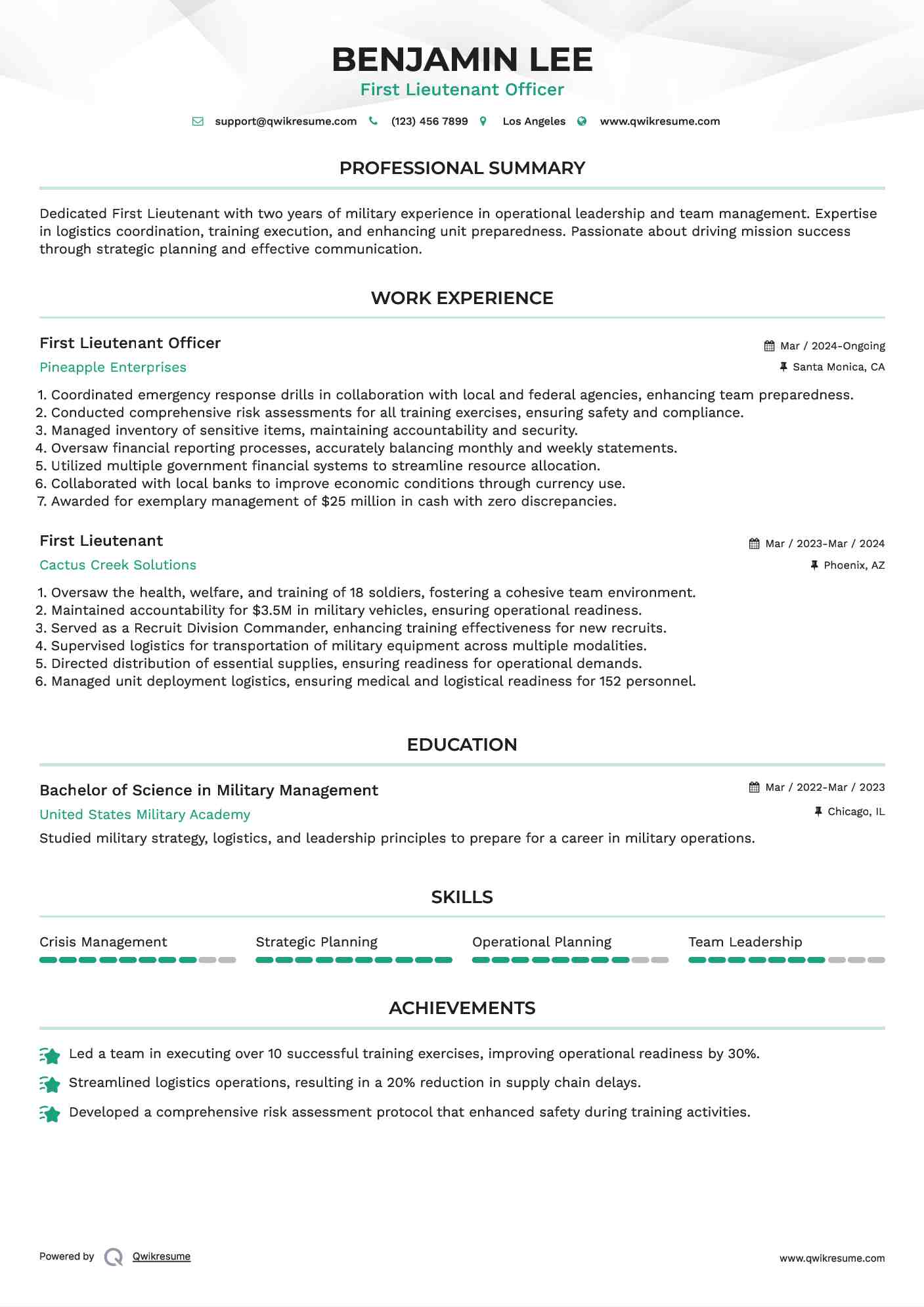 First Lieutenant Officer Resume Sample