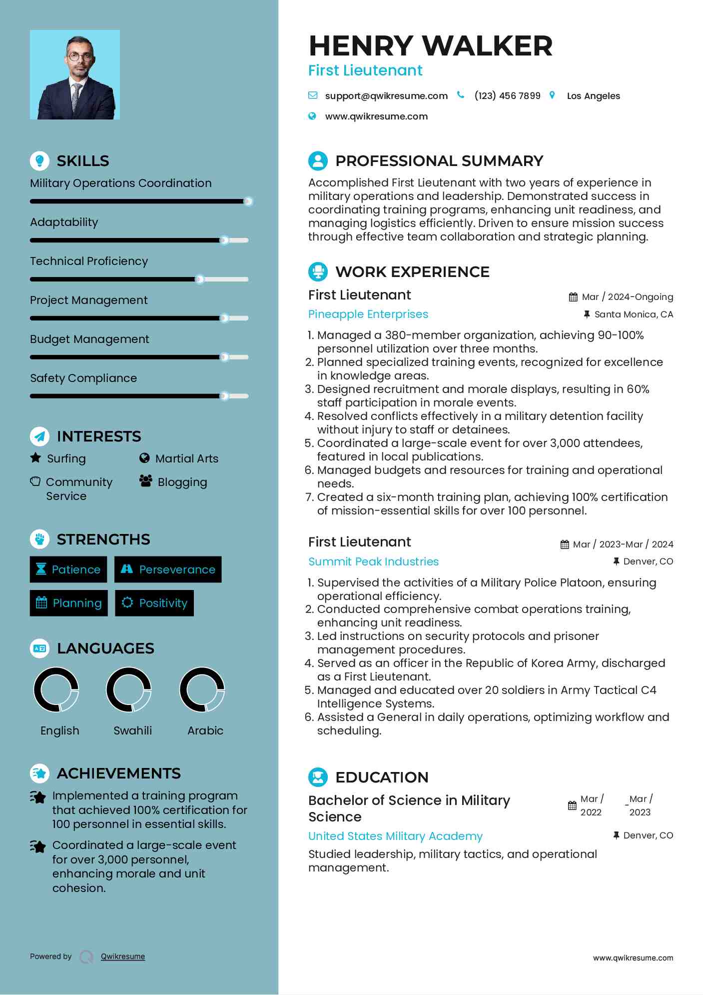 First Lieutenant Resume Example