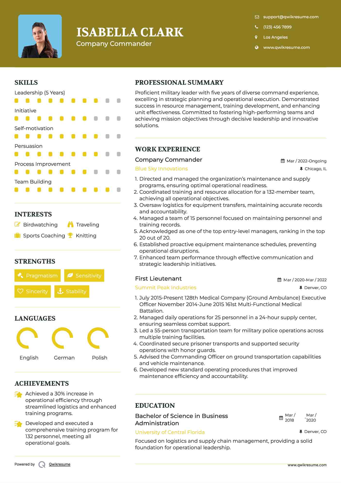 Company Commander Resume Model