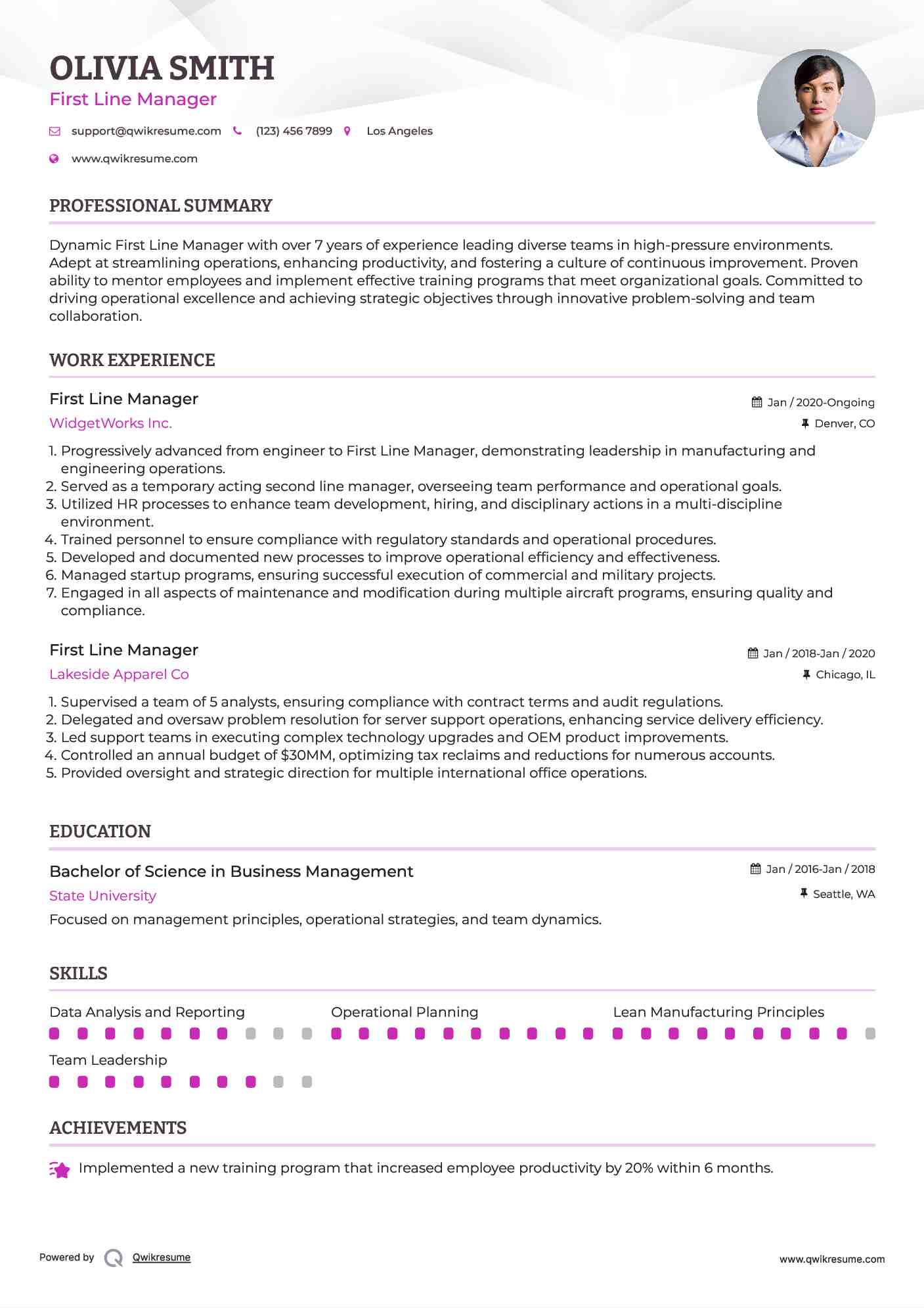 First Line Manager Resume Template