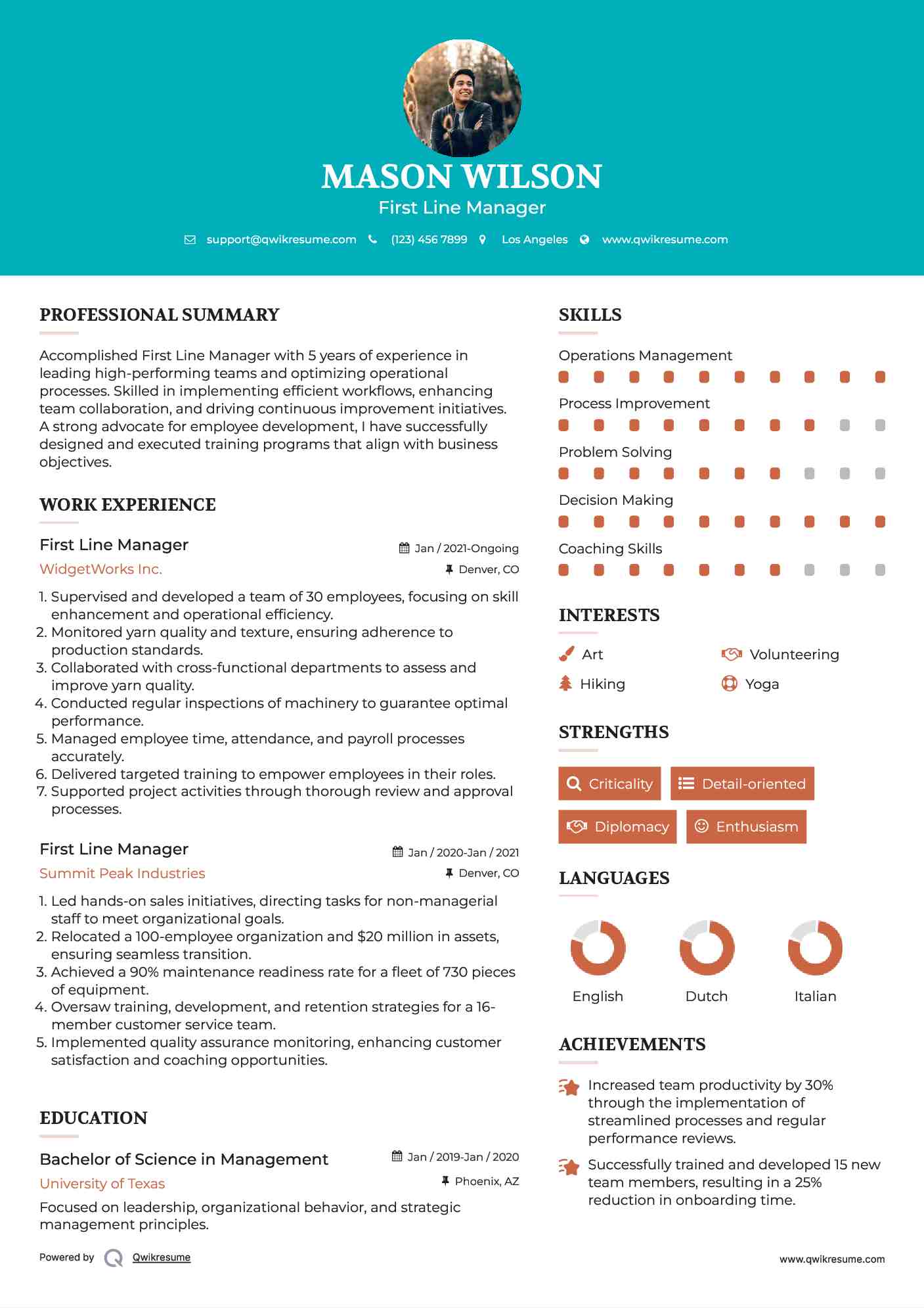 First Line Manager Resume Example