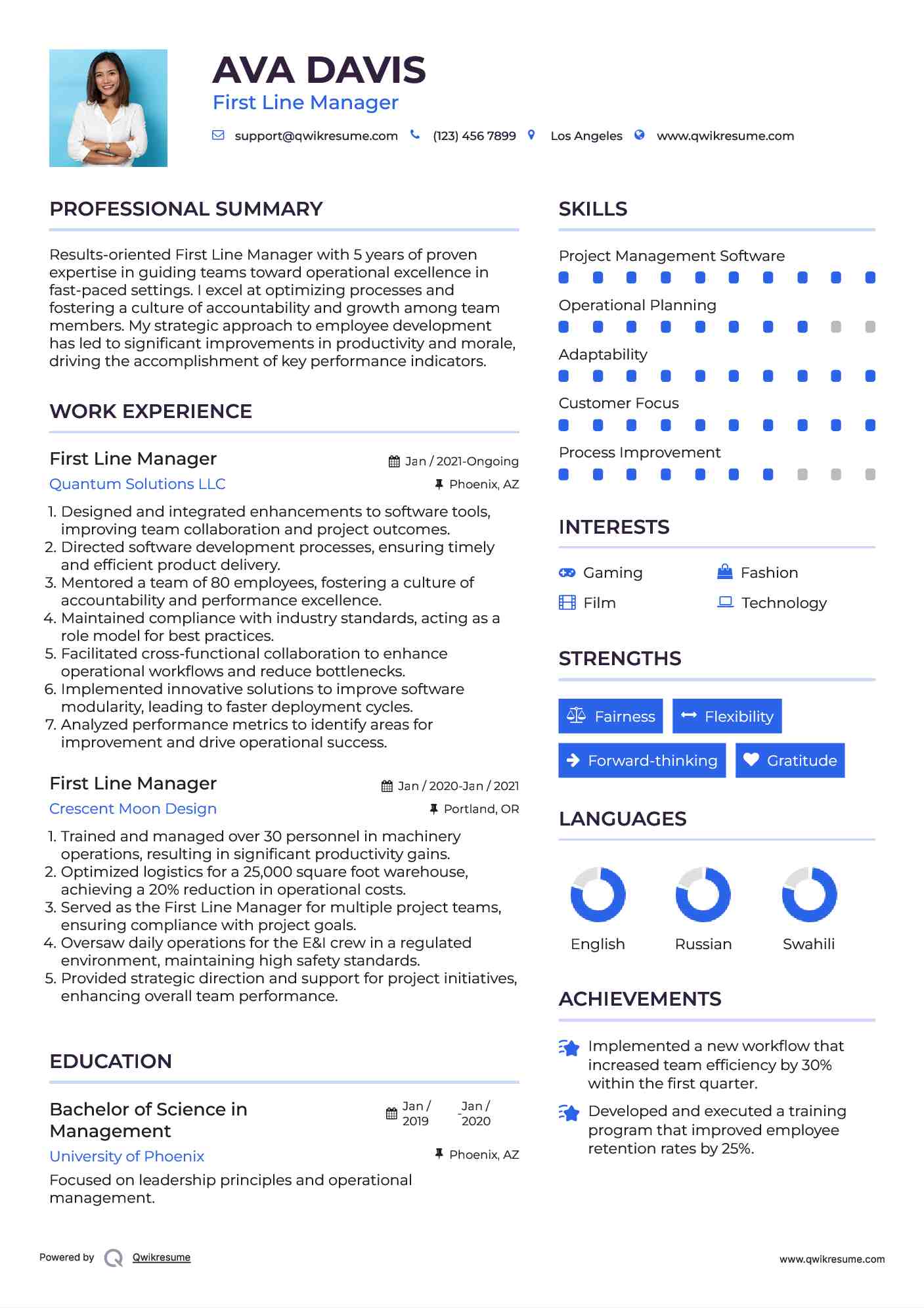 First Line Manager Resume Samples QwikResume