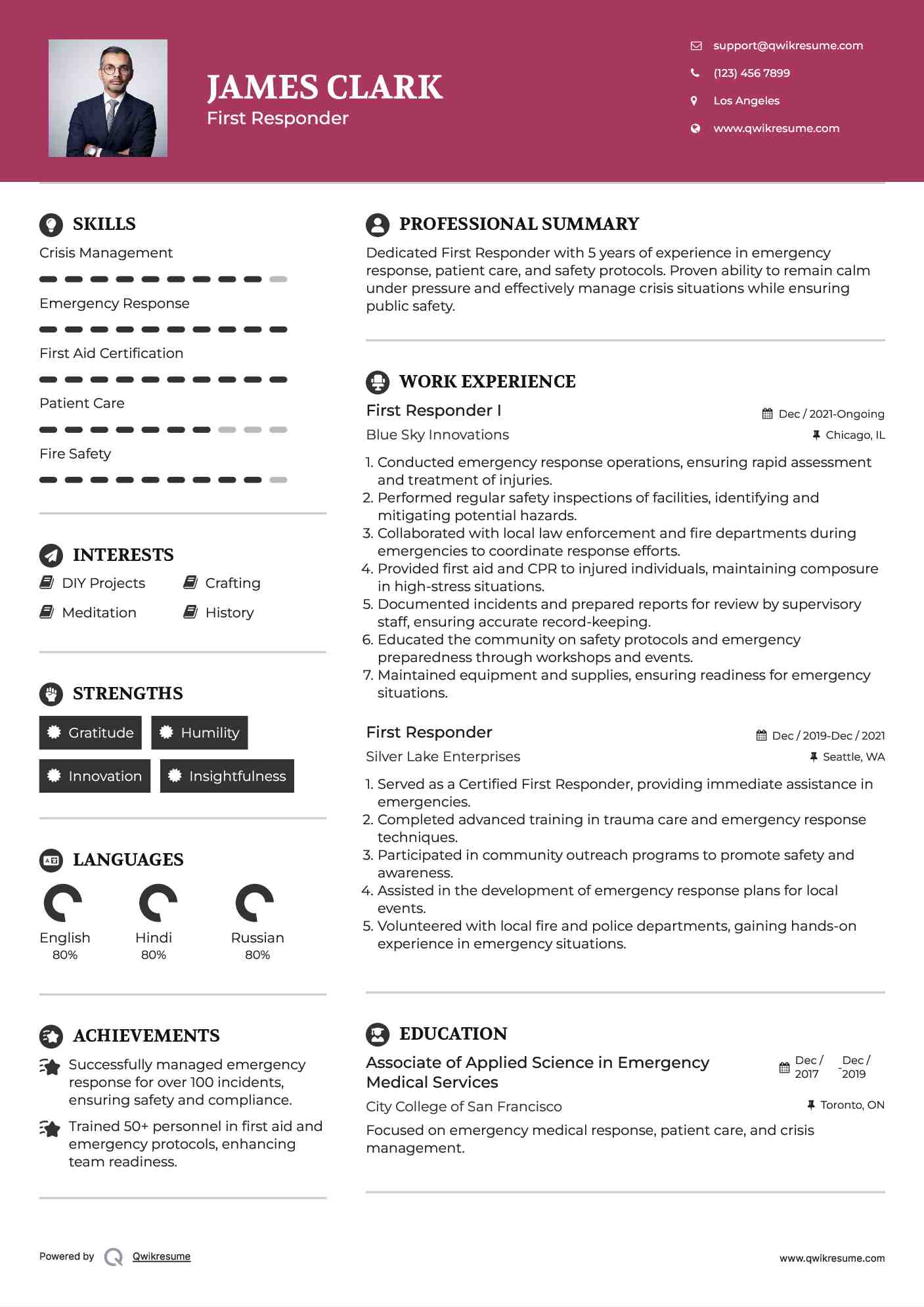 First Responder I Resume Example