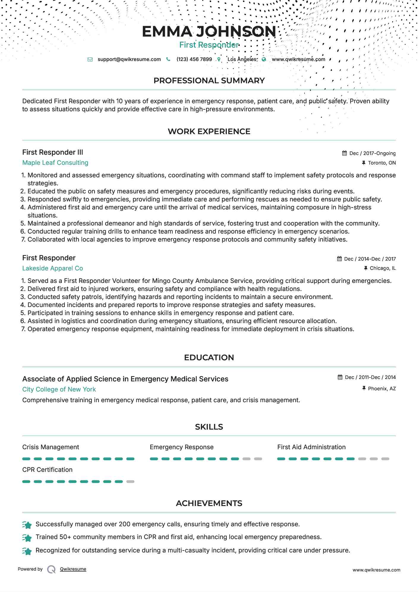First Responder III Resume Example
