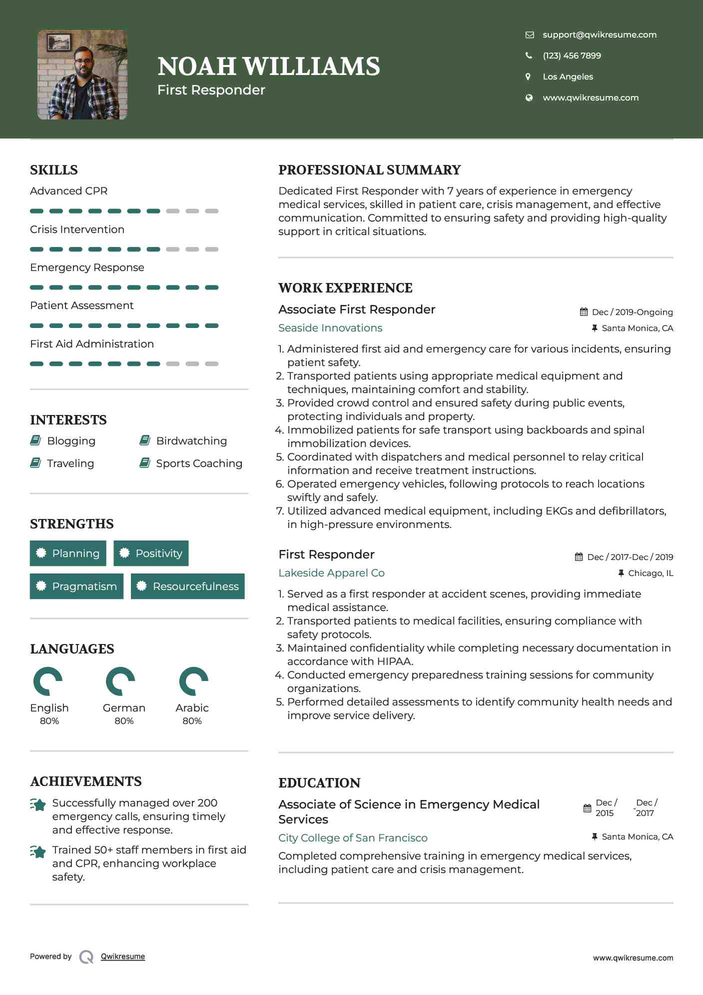Associate First Responder Resume Sample