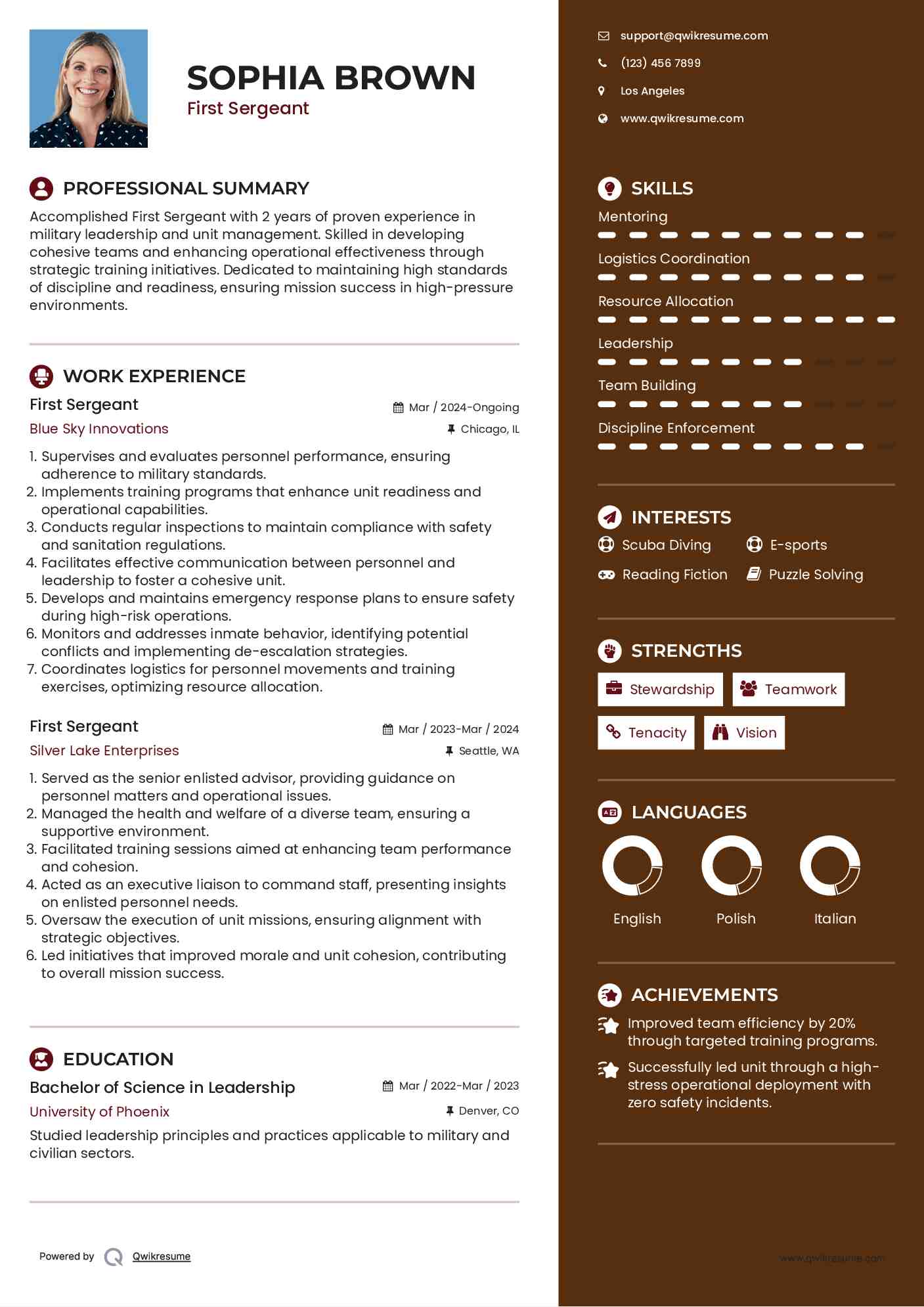 First Sergeant Resume Sample