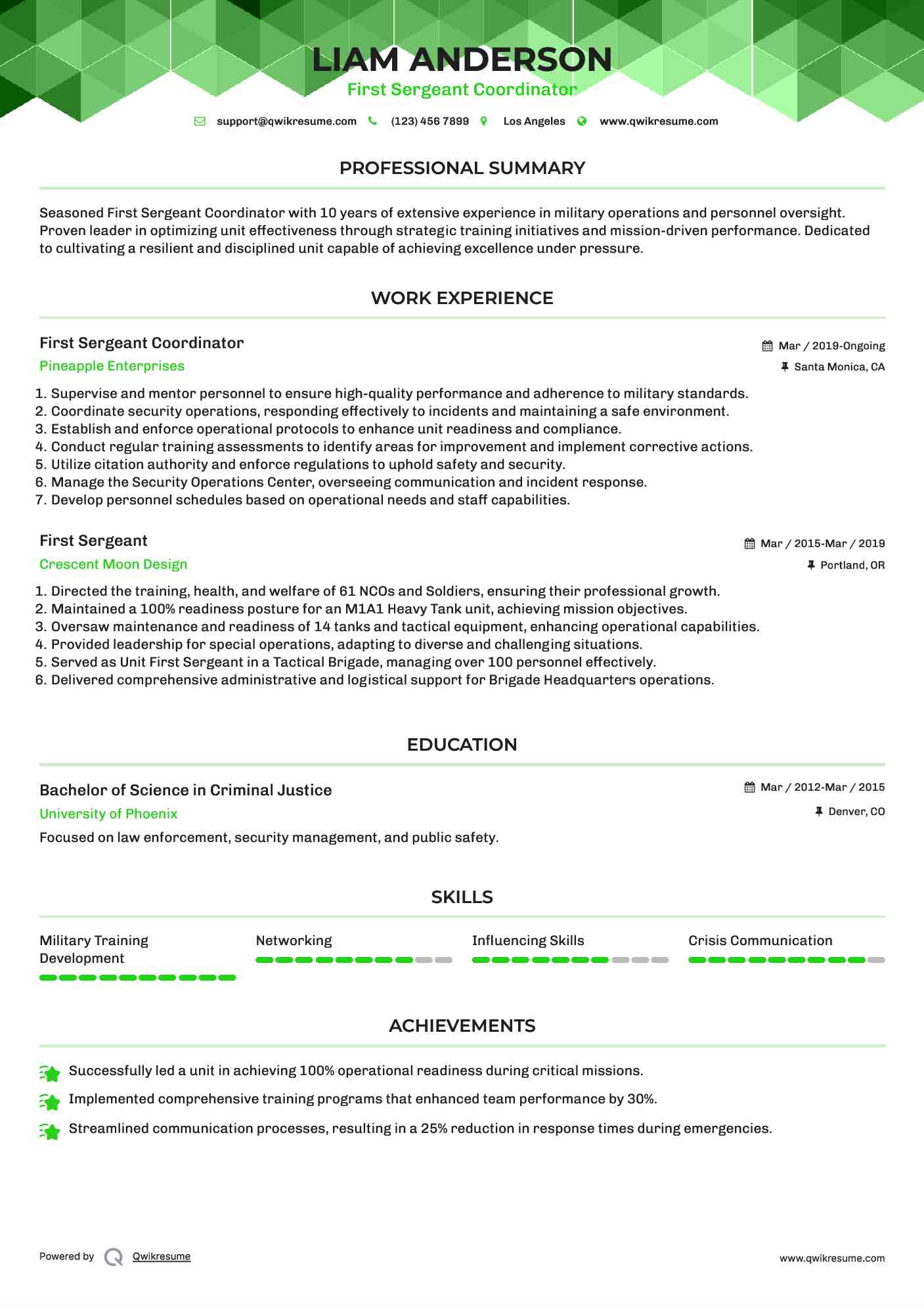First Sergeant Coordinator Resume Example