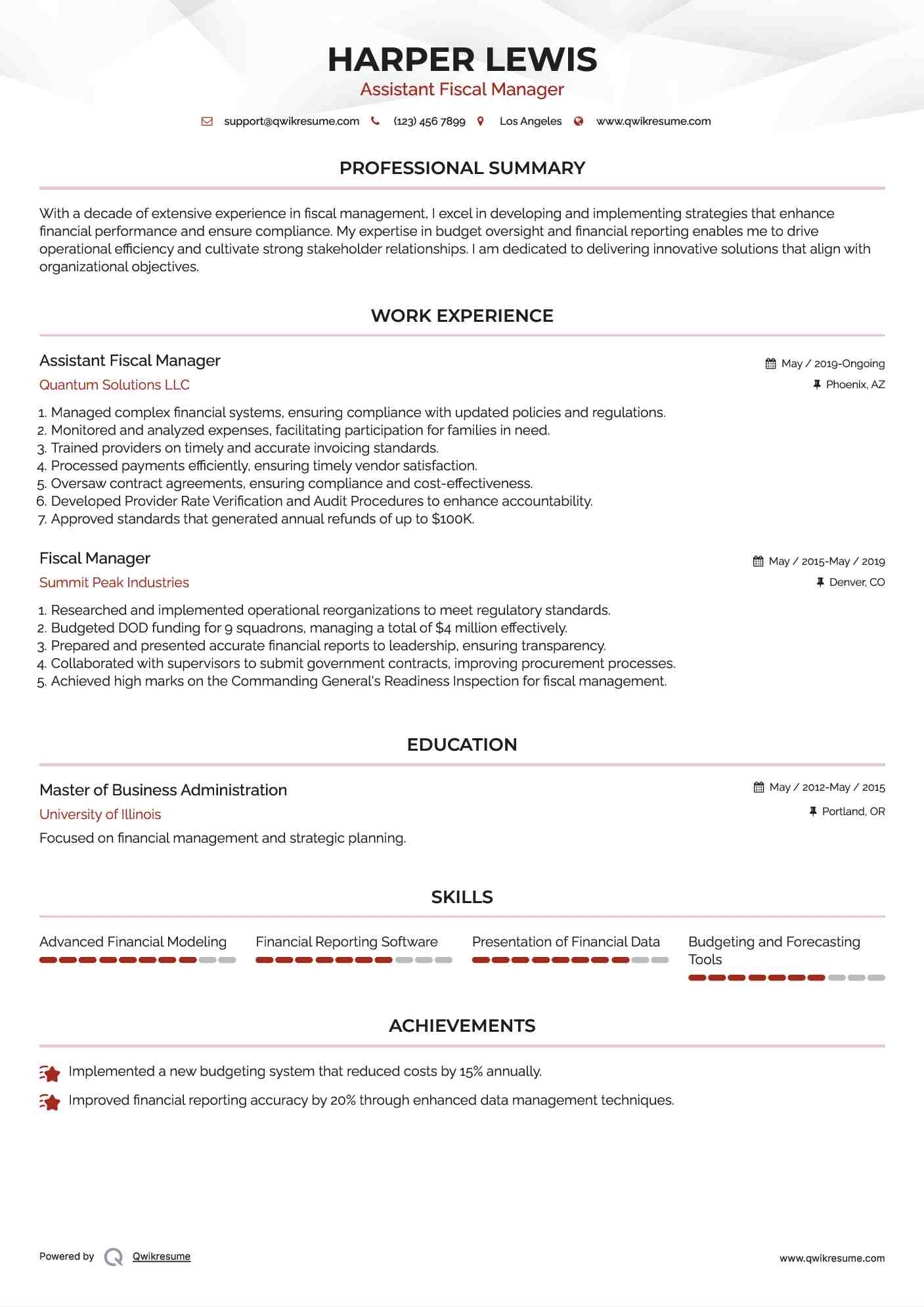 Assistant Fiscal Manager Resume Sample