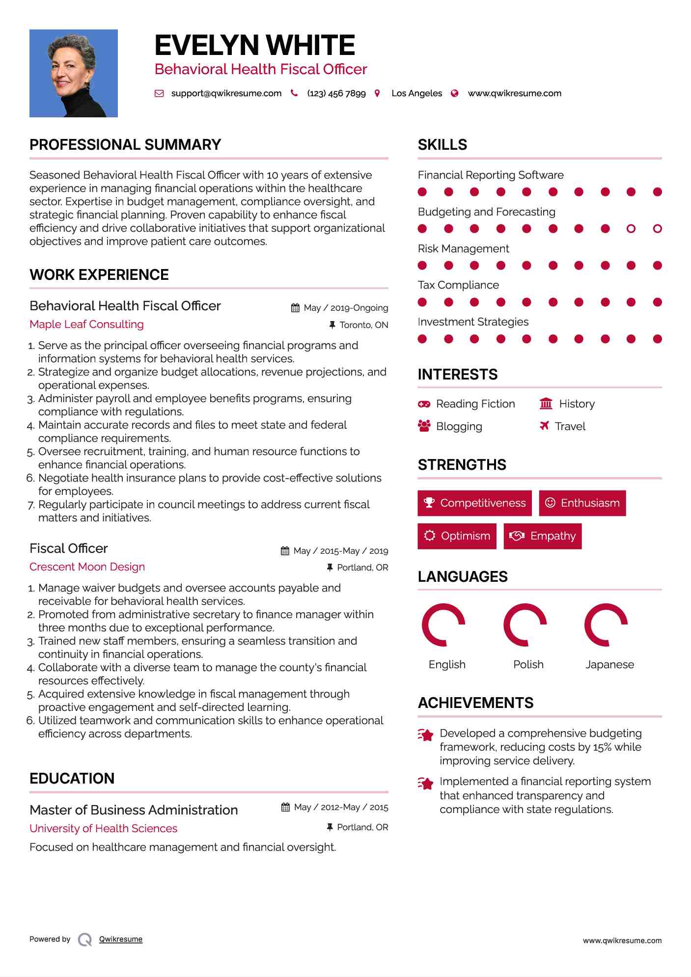 Behavioral Health Fiscal Officer Resume Example