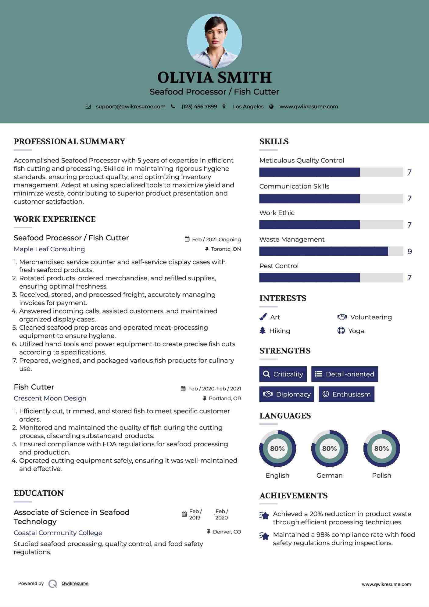 Seafood Processor / Fish Cutter Resume Example